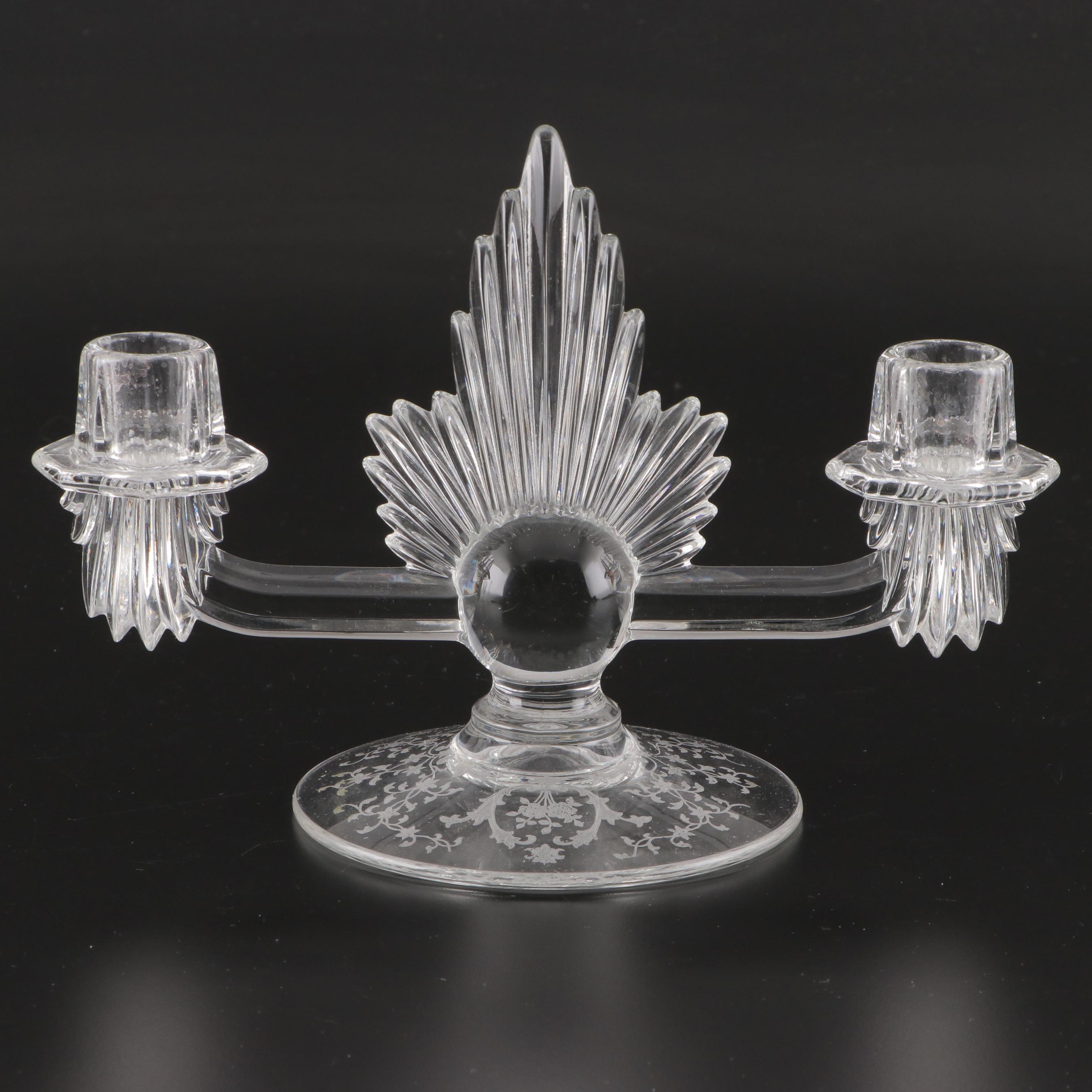 Fostoria "Meadow Rose", "American" Pressed Glass Candlesticks With Vases