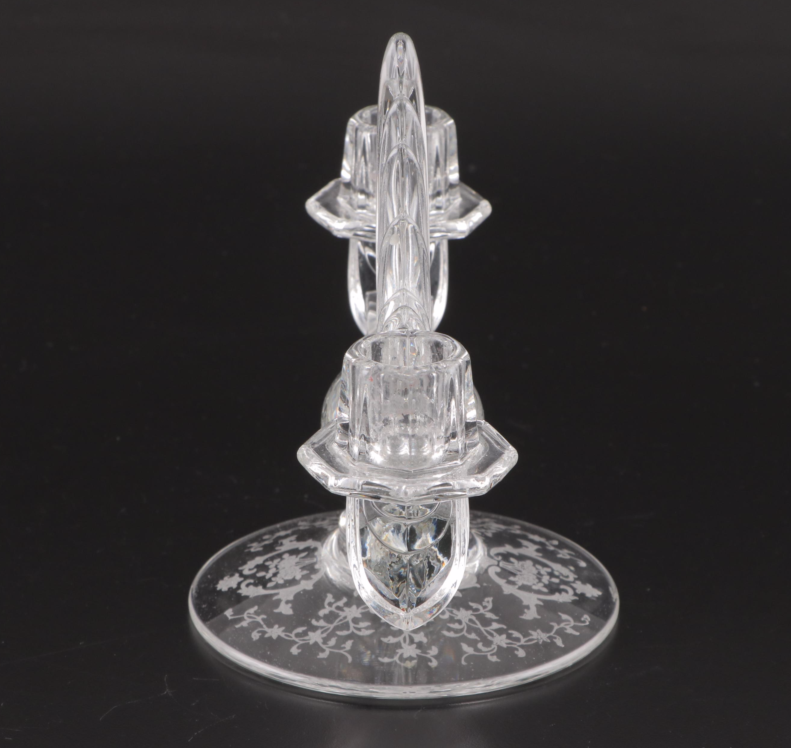 Fostoria "Meadow Rose", "American" Pressed Glass Candlesticks With Vases