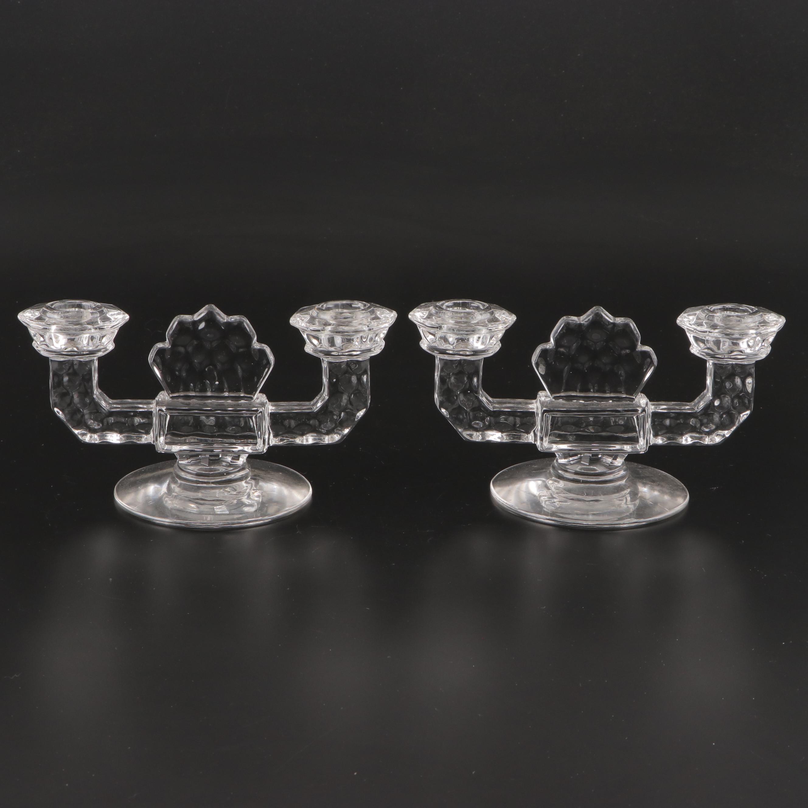 Fostoria "Meadow Rose", "American" Pressed Glass Candlesticks With Vases