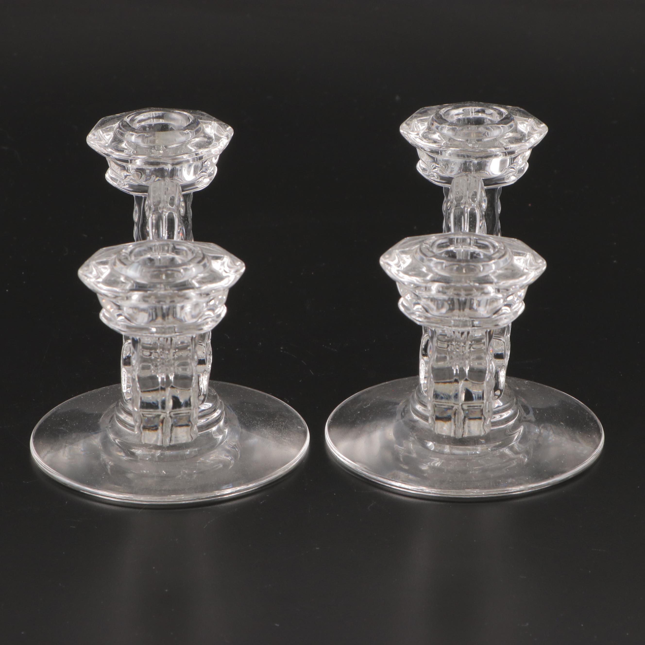 Fostoria "Meadow Rose", "American" Pressed Glass Candlesticks With Vases