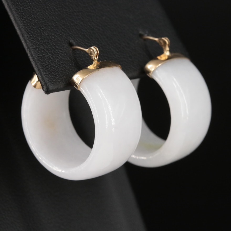 14K Carved Jadeite Hoop Earrings