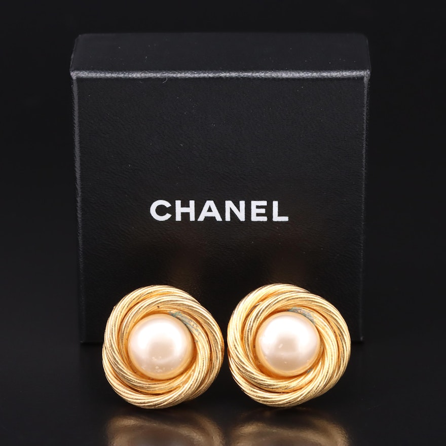 Chanel Imitation Pearl Clip On Earrings