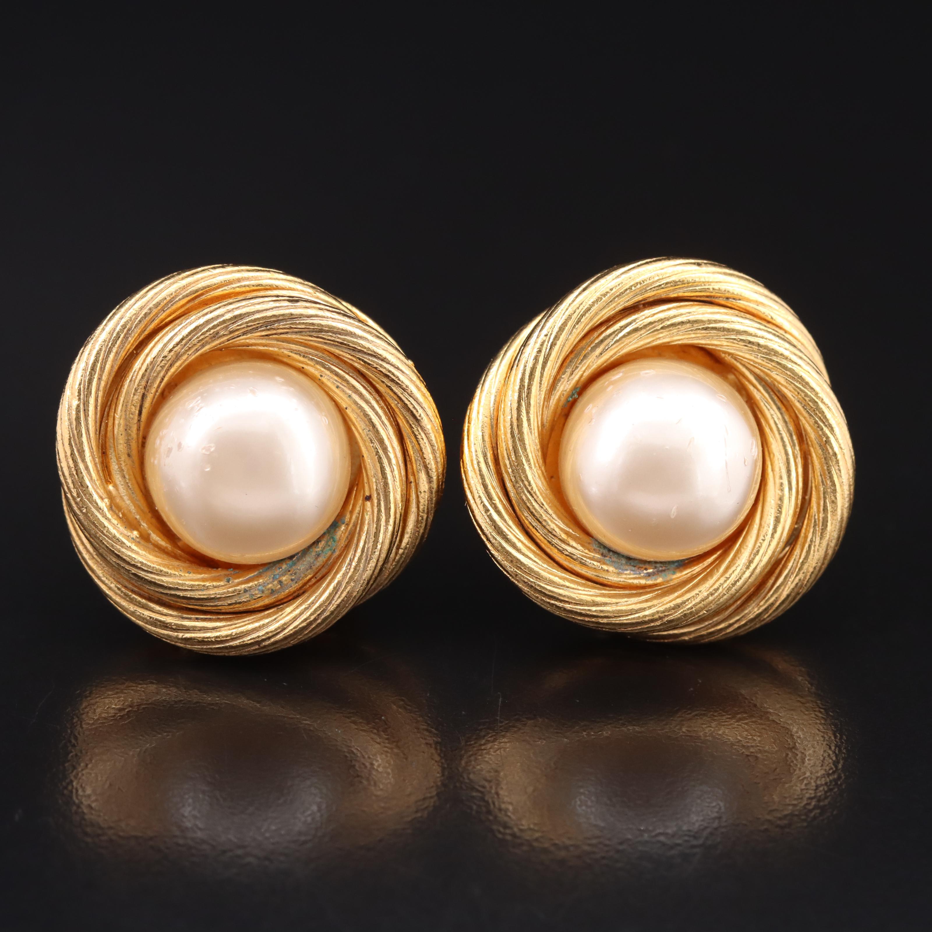 Chanel Imitation Pearl Clip On Earrings