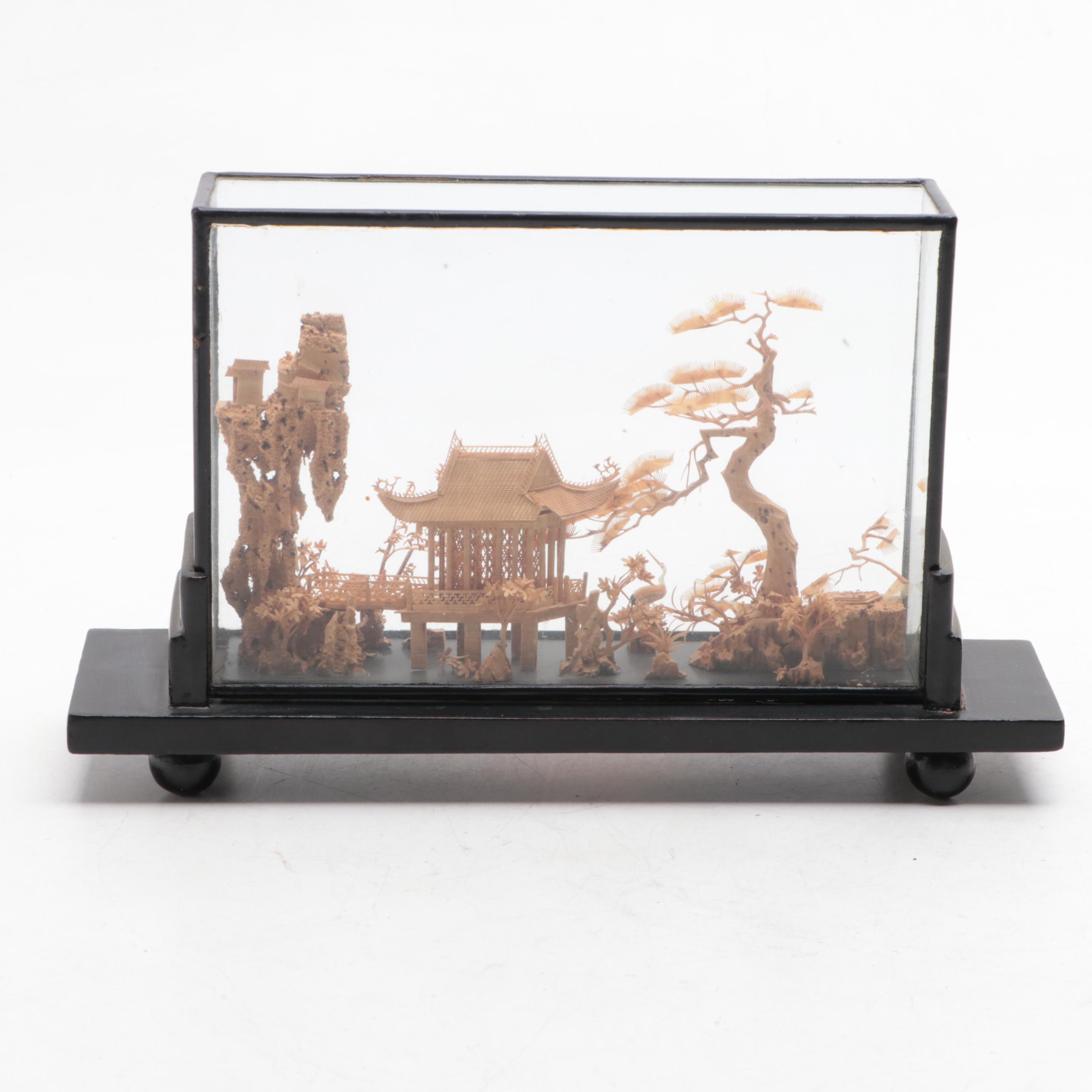 Chinese Carved Cork Temple Scene with Metal Table Décor