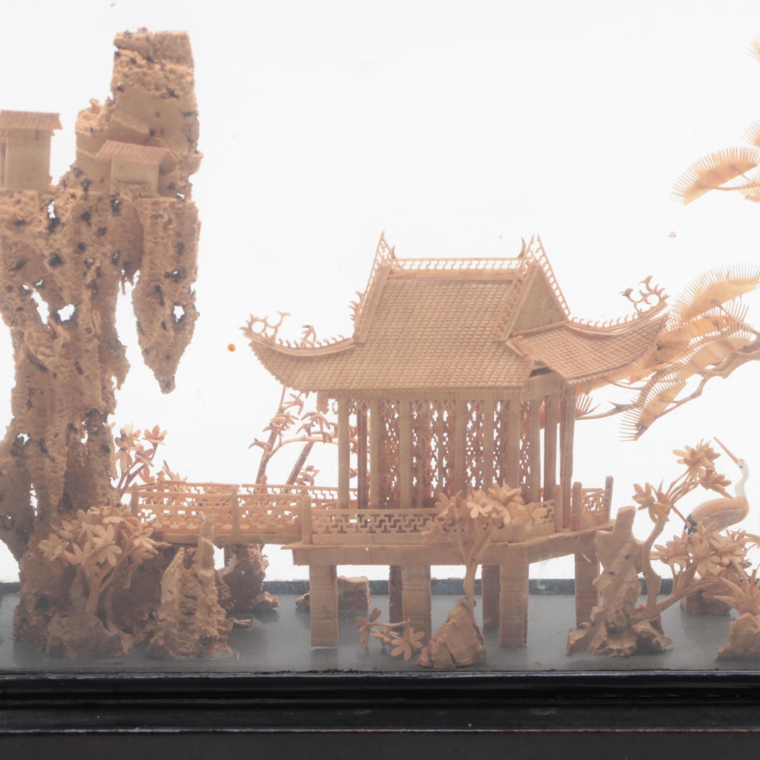 Chinese Carved Cork Temple Scene with Metal Table Décor