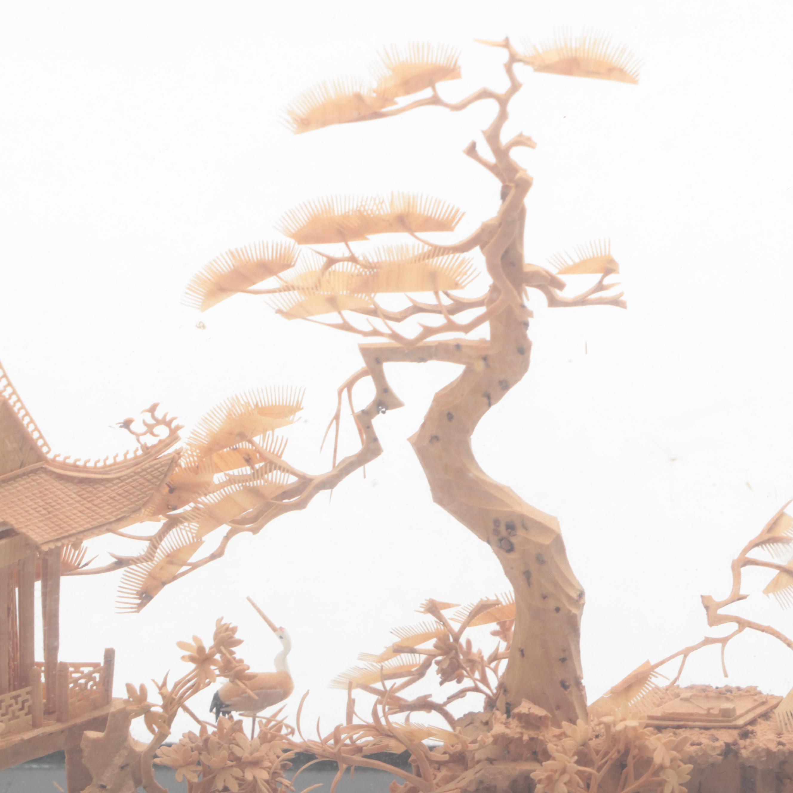 Chinese Carved Cork Temple Scene with Metal Table Décor