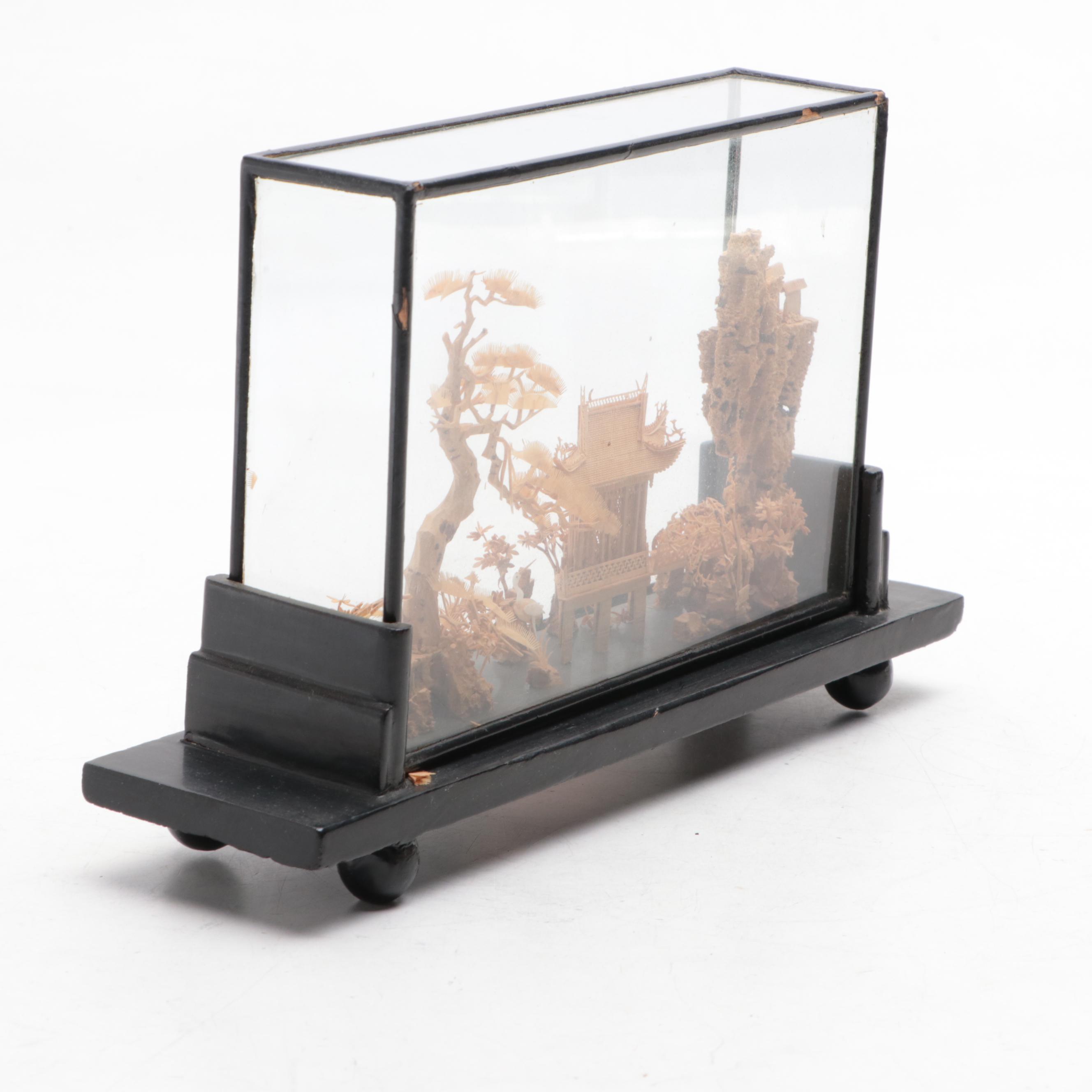 Chinese Carved Cork Temple Scene with Metal Table Décor