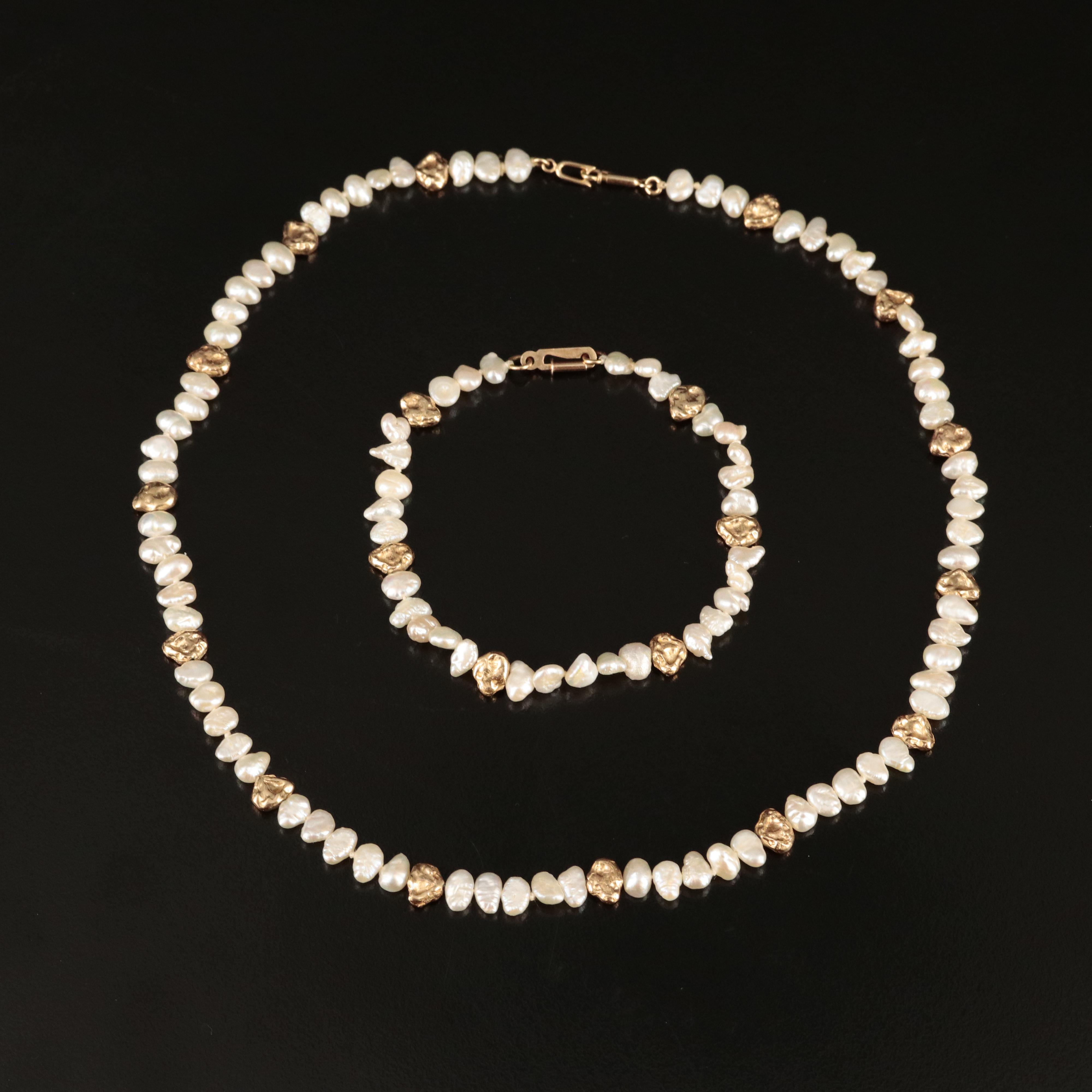 14K Pearl Necklace and Bracelet Set