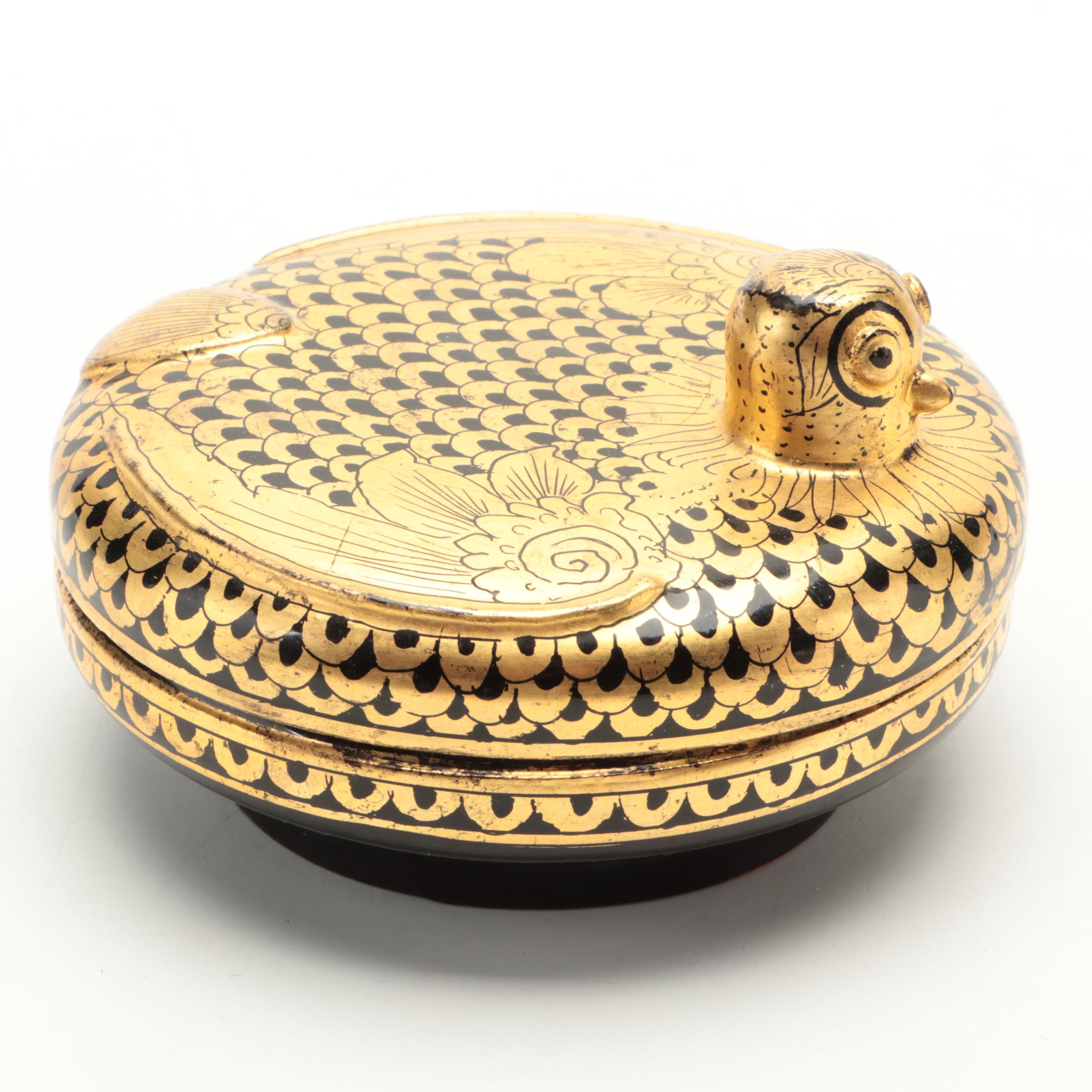 Burmese Gilt Lacquerware Bird Trinket Boxes with Chinese Cloisonné Dish