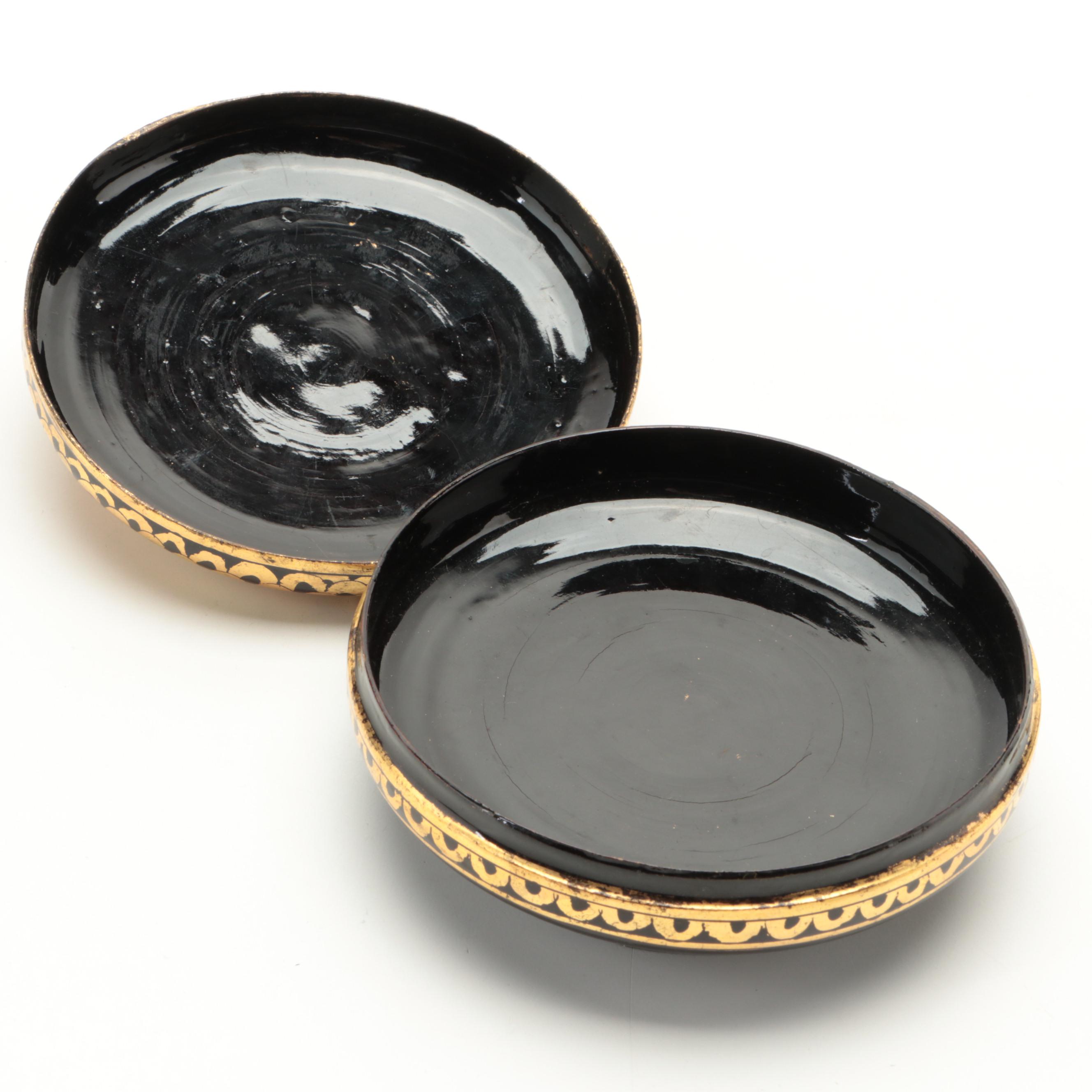 Burmese Gilt Lacquerware Bird Trinket Boxes with Chinese Cloisonné Dish