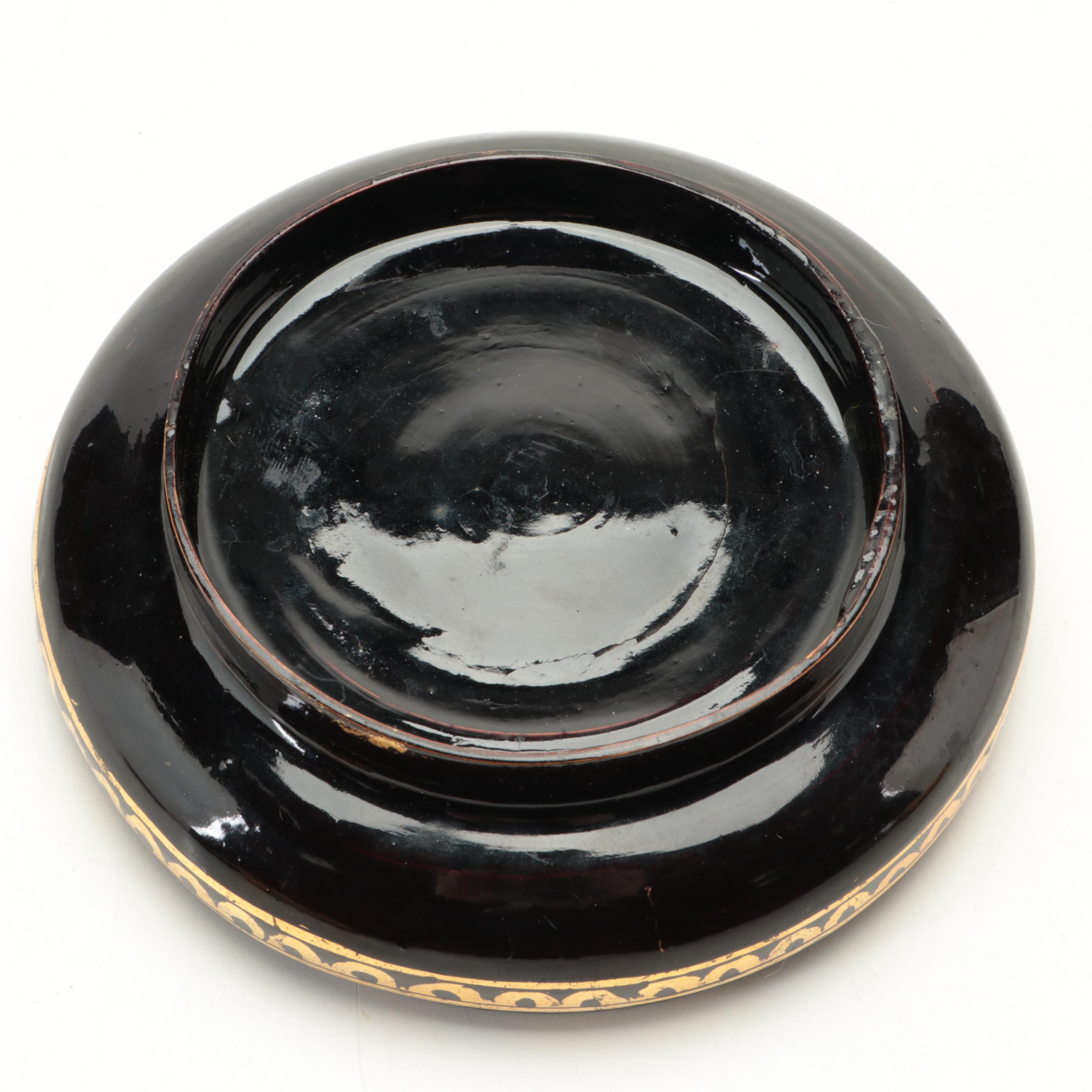 Burmese Gilt Lacquerware Bird Trinket Boxes with Chinese Cloisonné Dish