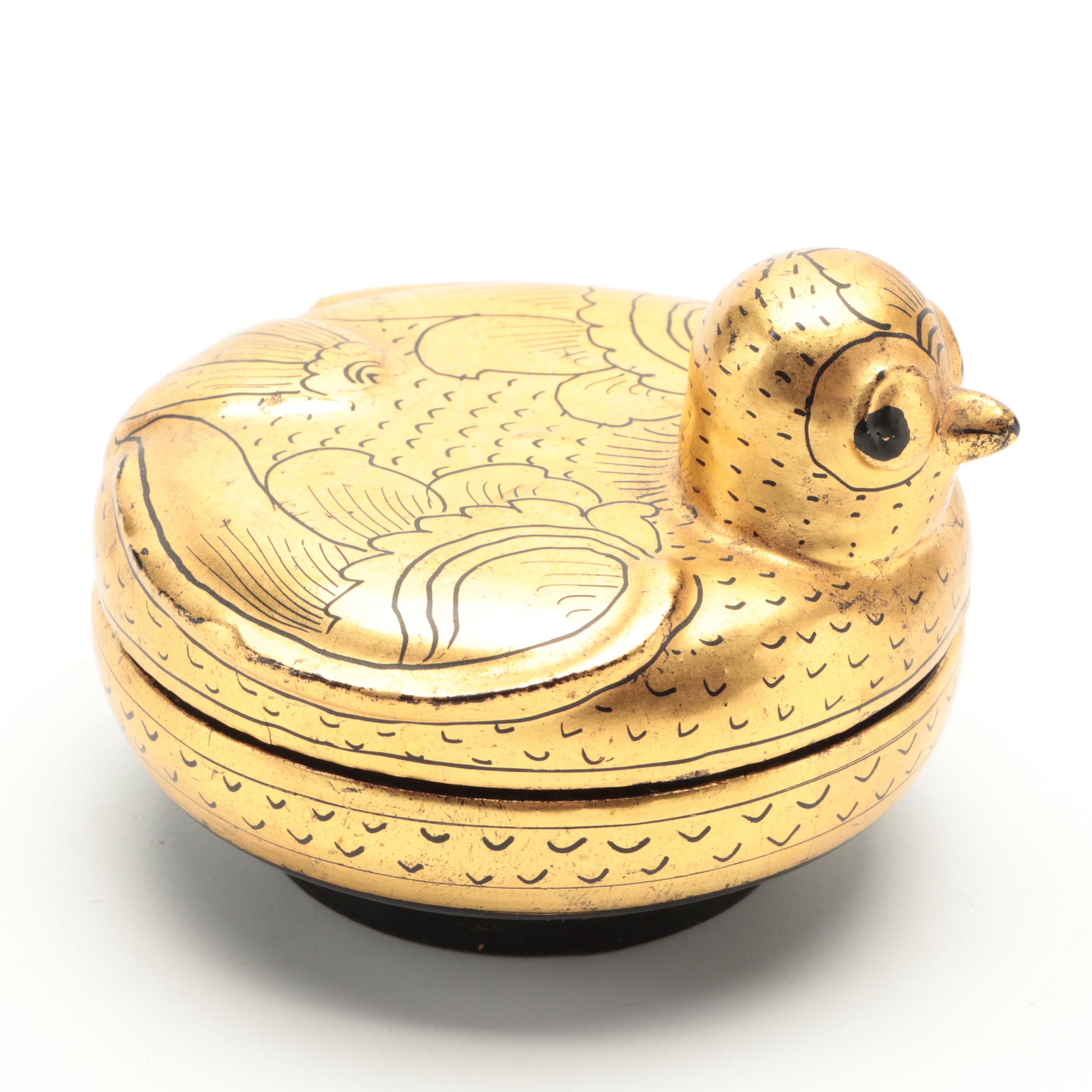 Burmese Gilt Lacquerware Bird Trinket Boxes with Chinese Cloisonné Dish