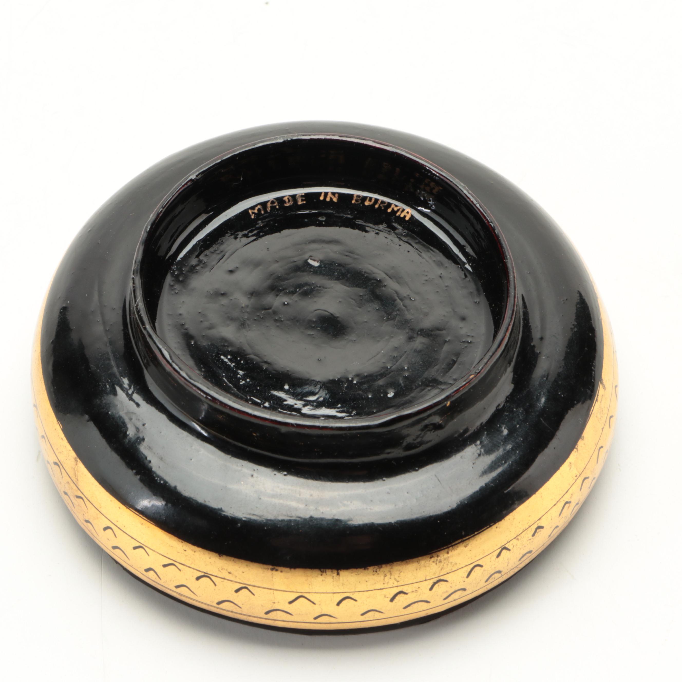 Burmese Gilt Lacquerware Bird Trinket Boxes with Chinese Cloisonné Dish