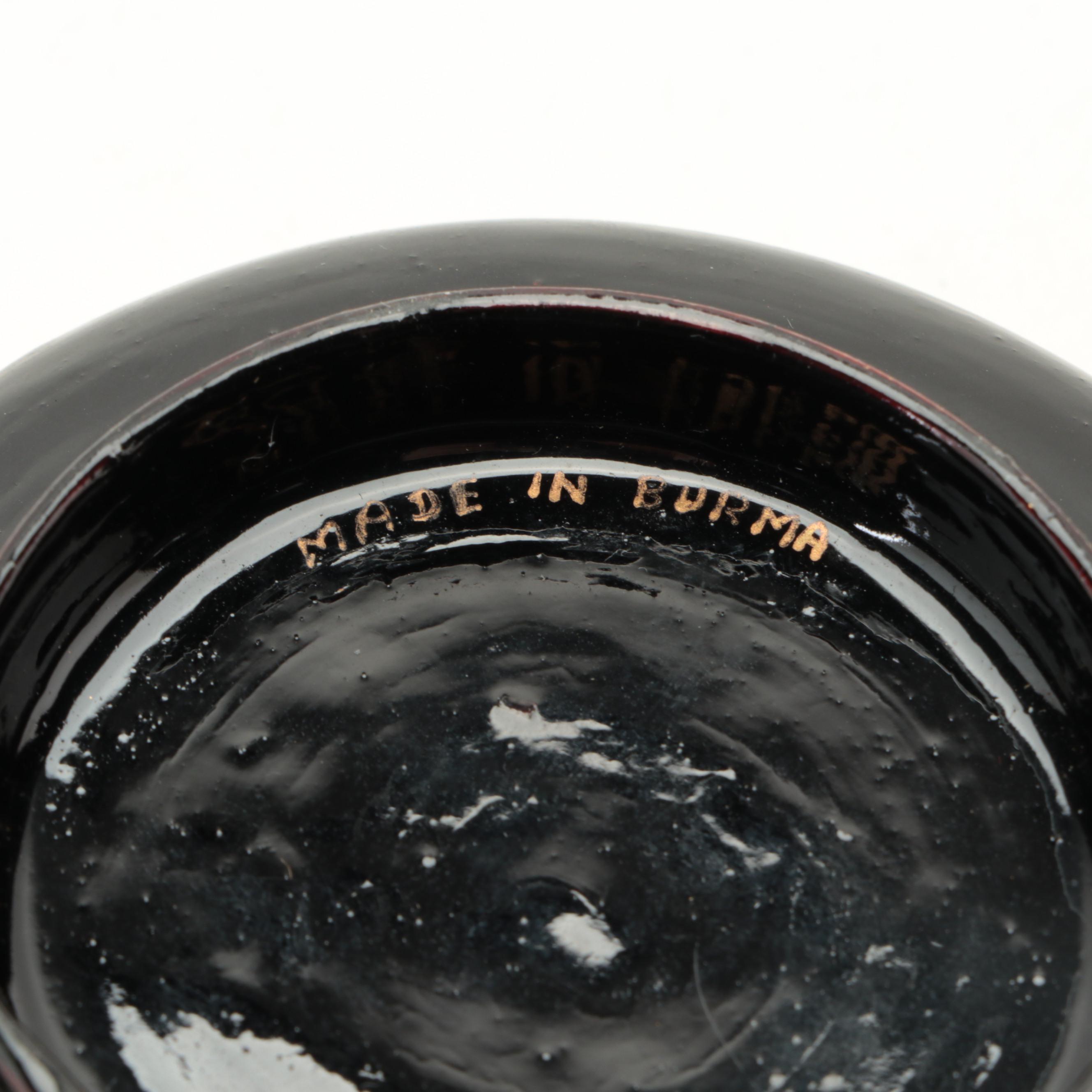 Burmese Gilt Lacquerware Bird Trinket Boxes with Chinese Cloisonné Dish