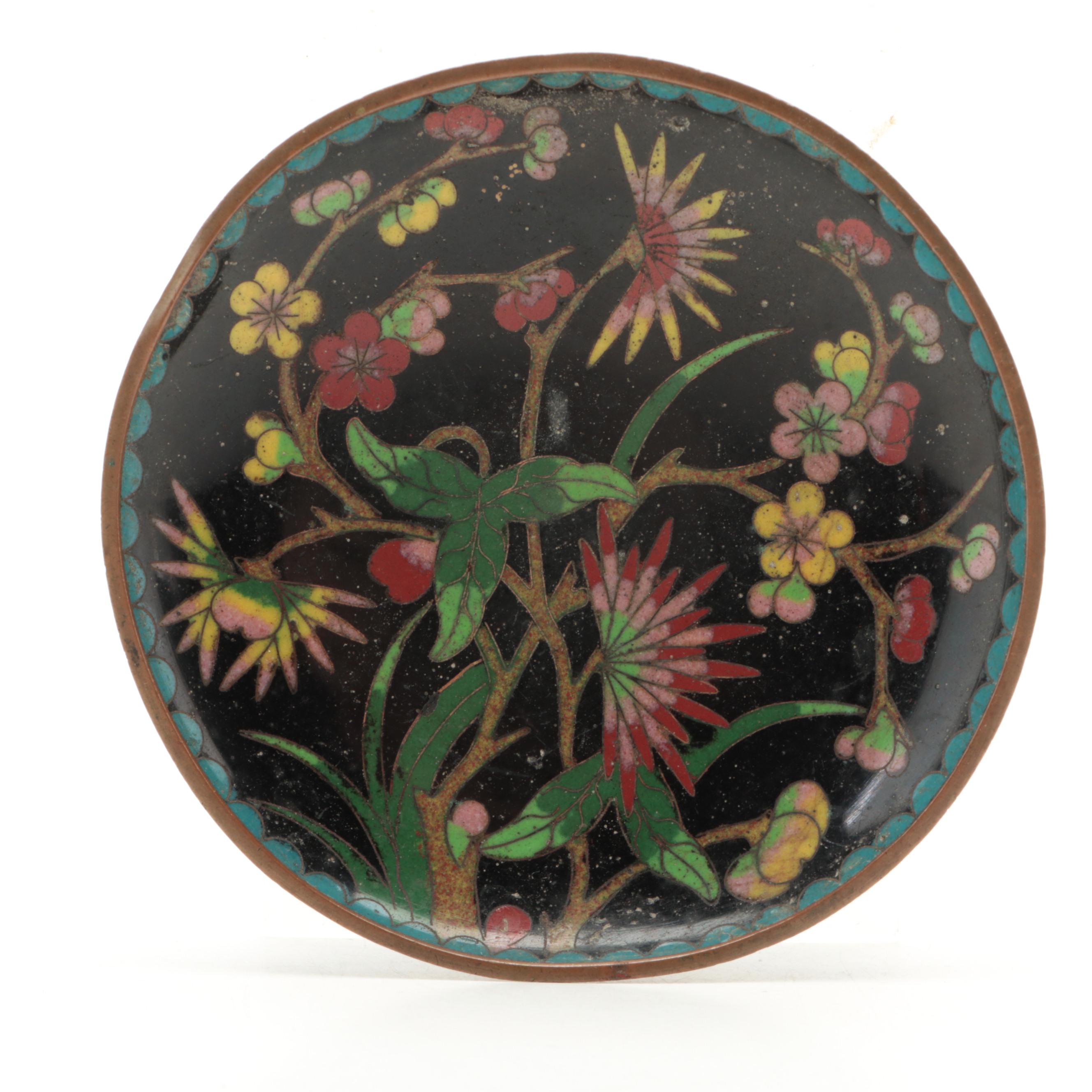 Burmese Gilt Lacquerware Bird Trinket Boxes with Chinese Cloisonné Dish