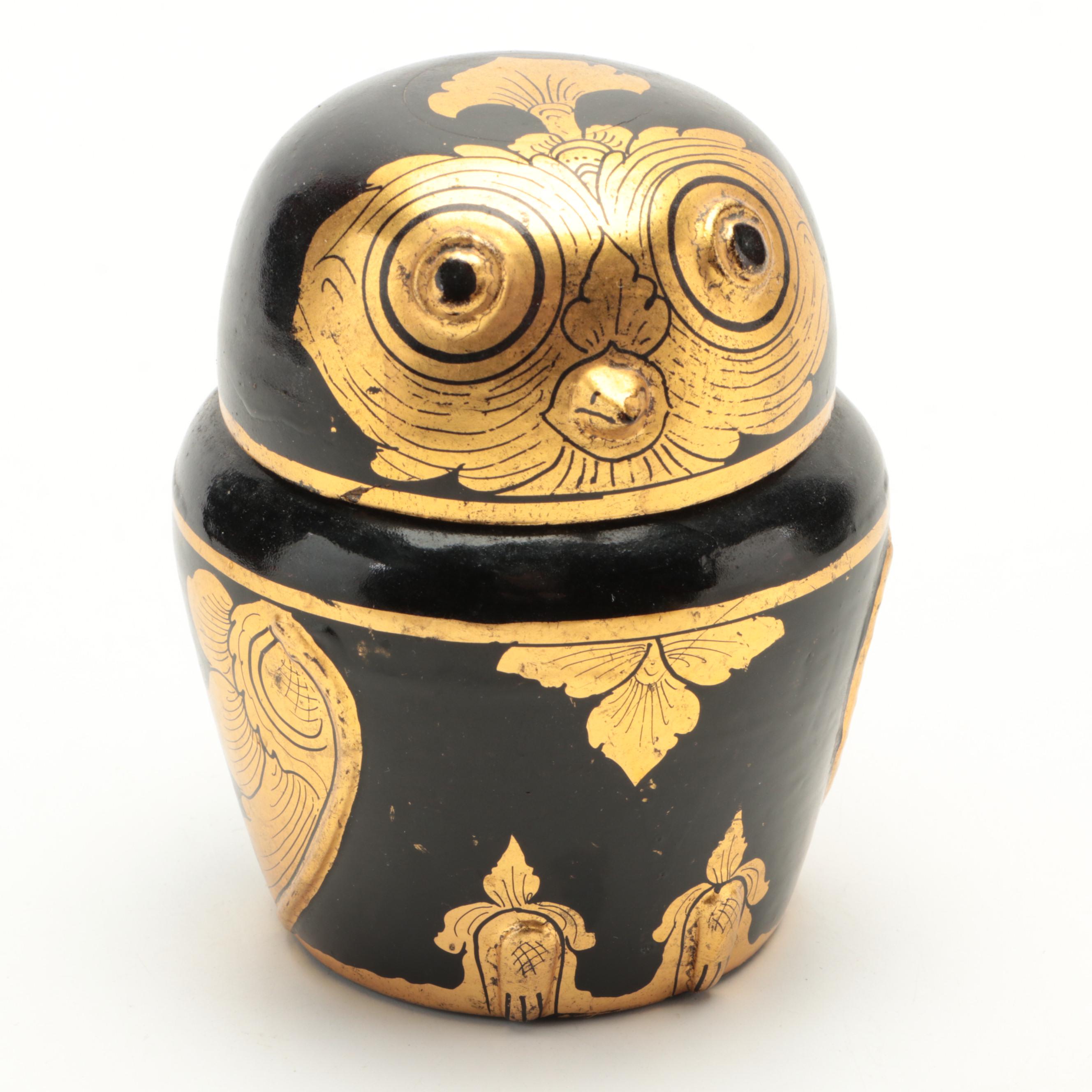 Burmese Parcel Gilt Lacquerware Owl Box and More Animal Boxes