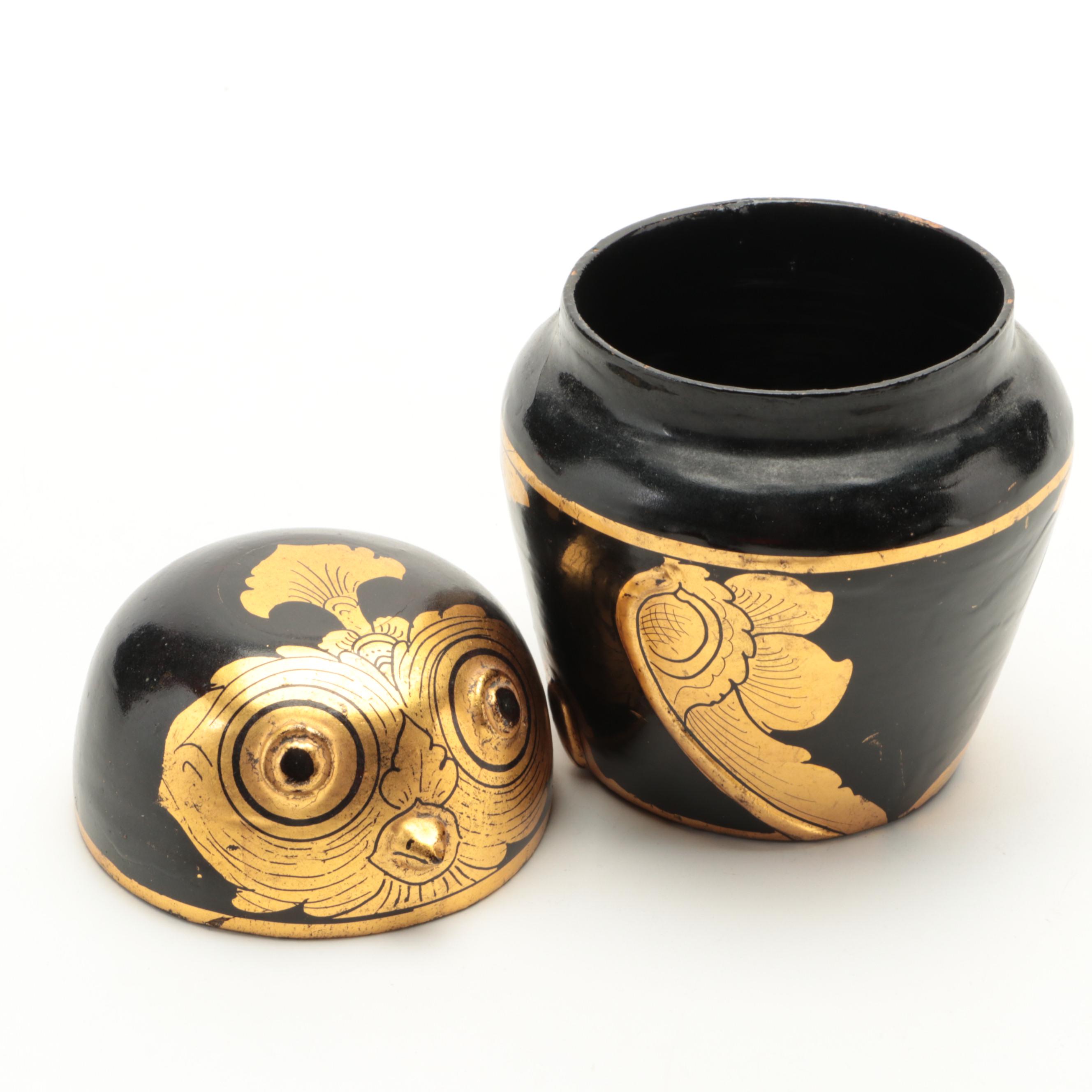 Burmese Parcel Gilt Lacquerware Owl Box and More Animal Boxes