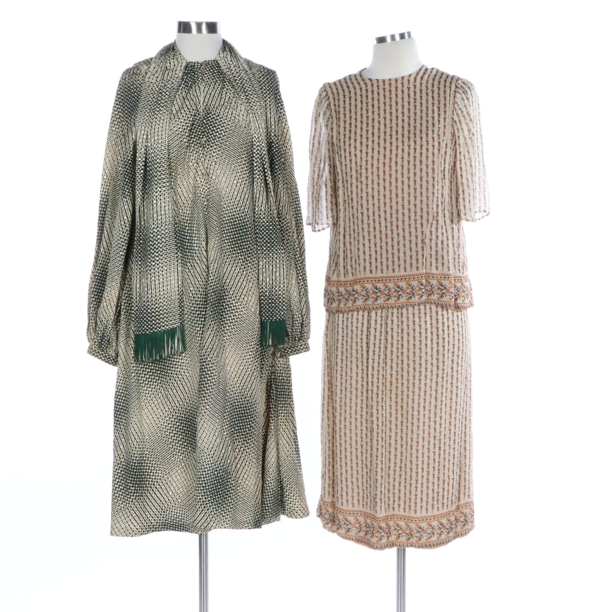 Pauline Trigère Two-Piece Print Dress and Galanos Print A-Line Dress, Vintage