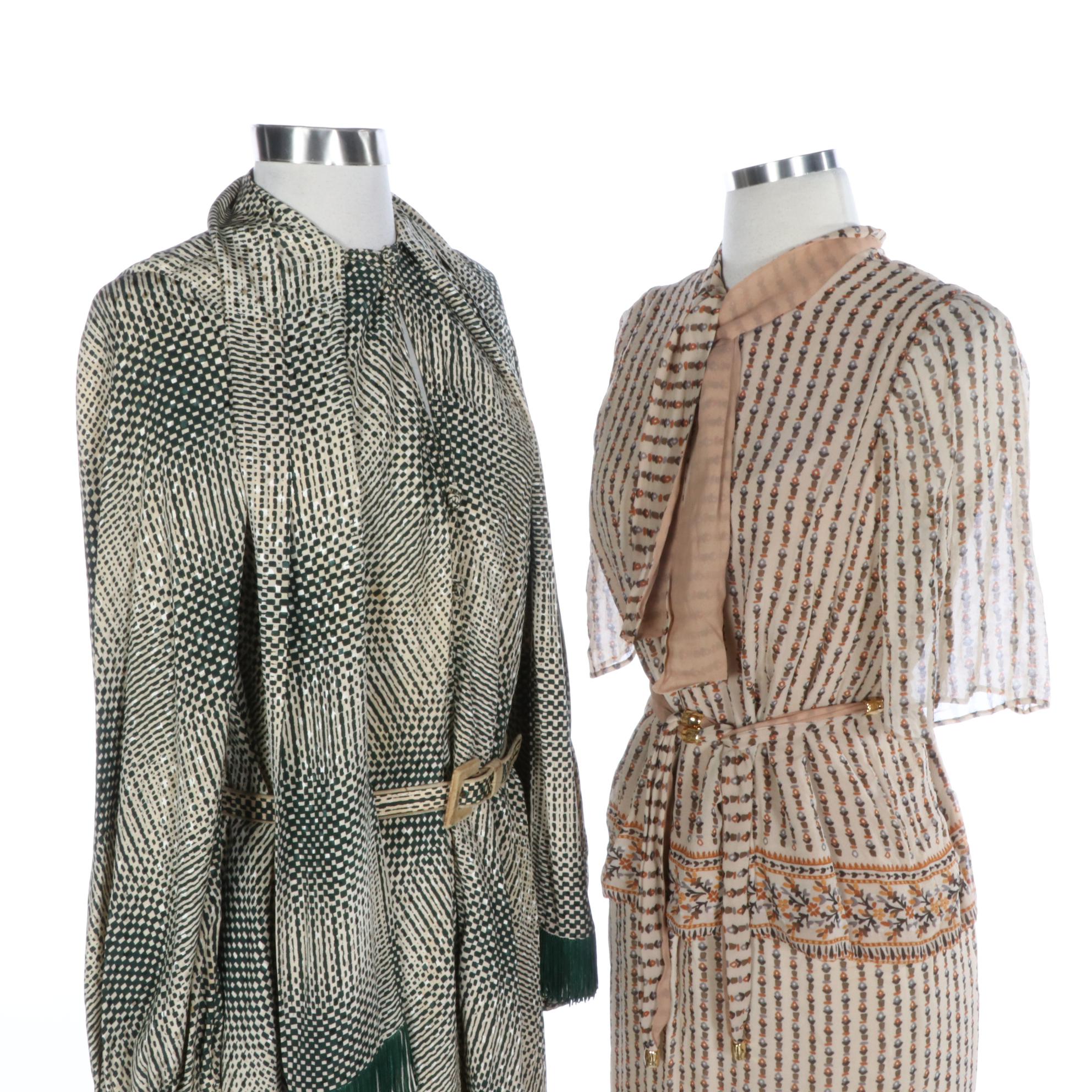 Pauline Trigère Two-Piece Print Dress and Galanos Print A-Line Dress, Vintage