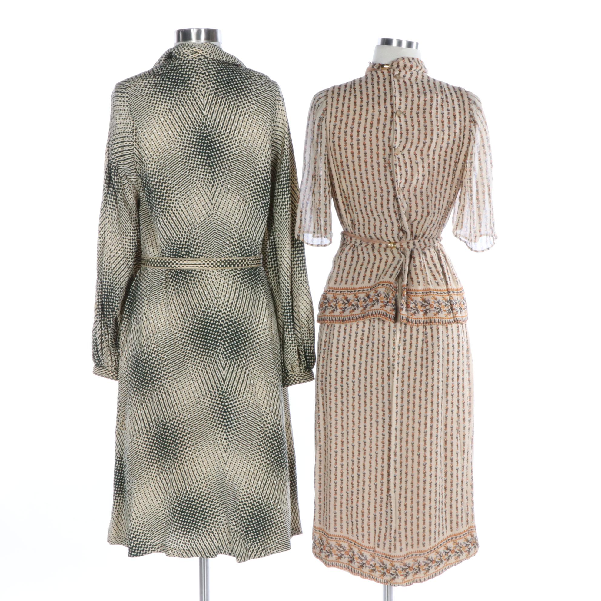 Pauline Trigère Two-Piece Print Dress and Galanos Print A-Line Dress, Vintage