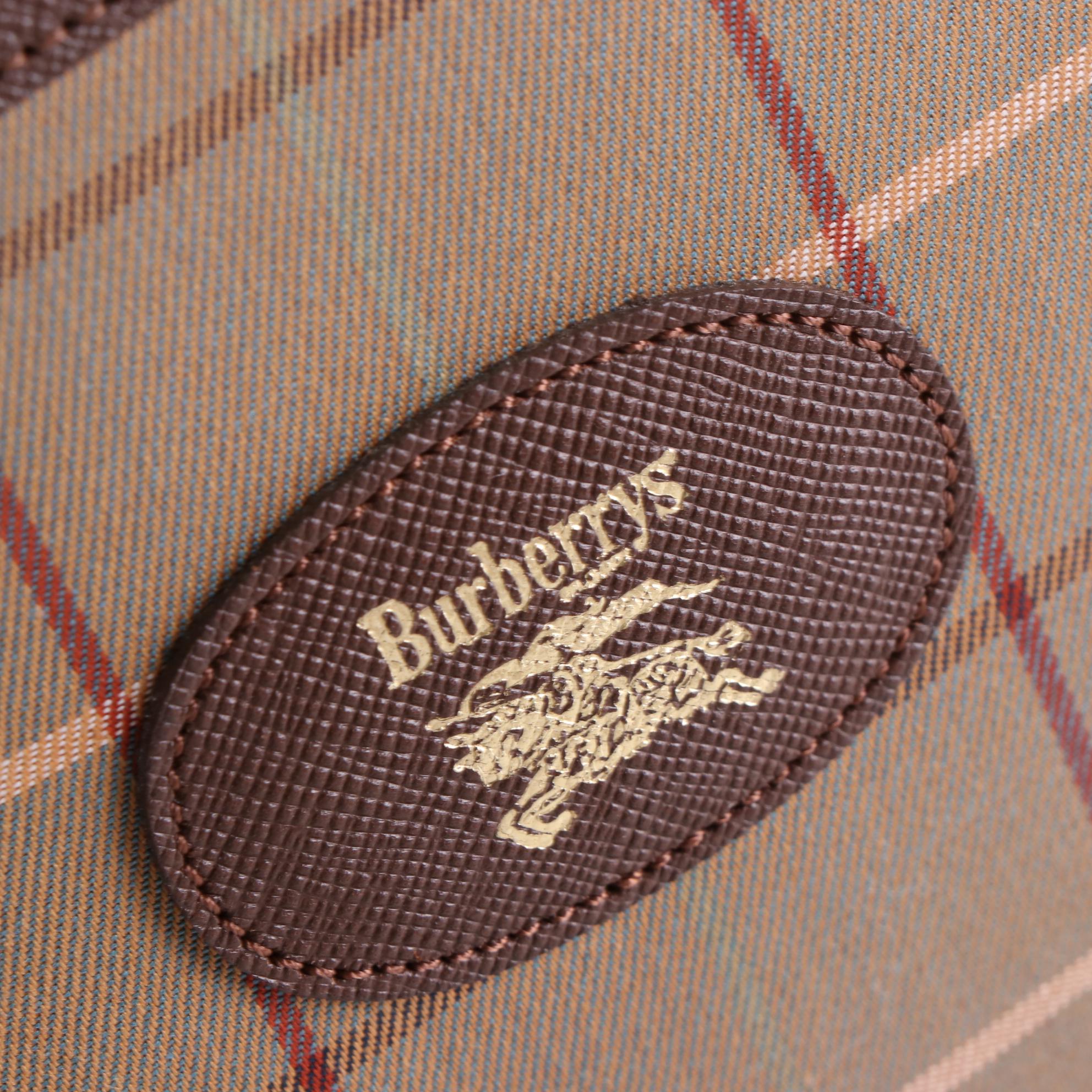 Burberrys Zip Pouch in Plaid Twill and Brown Cross Grain Leather