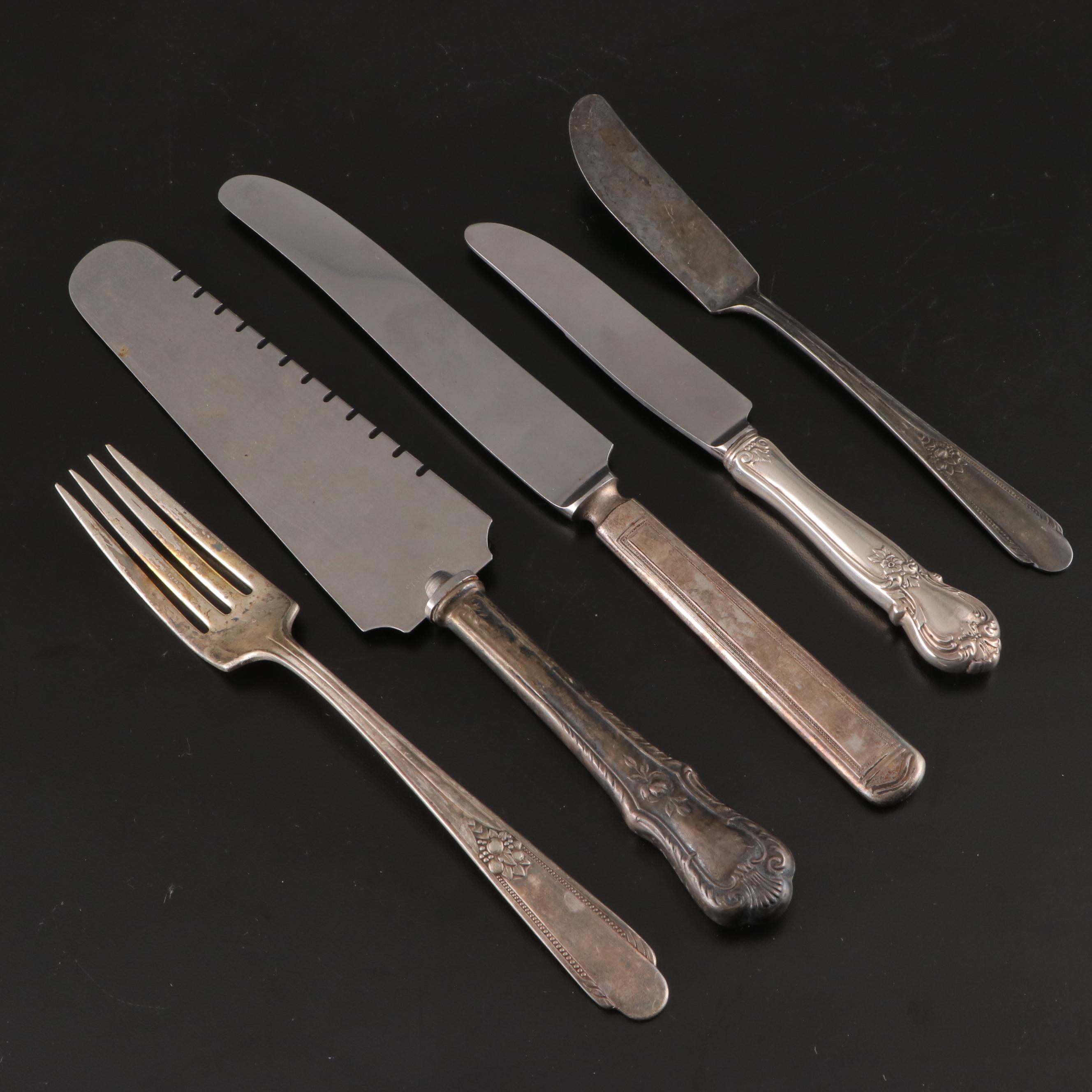 International Silver Co. Trays with Flower Frog and Other Silver Plate Utensils