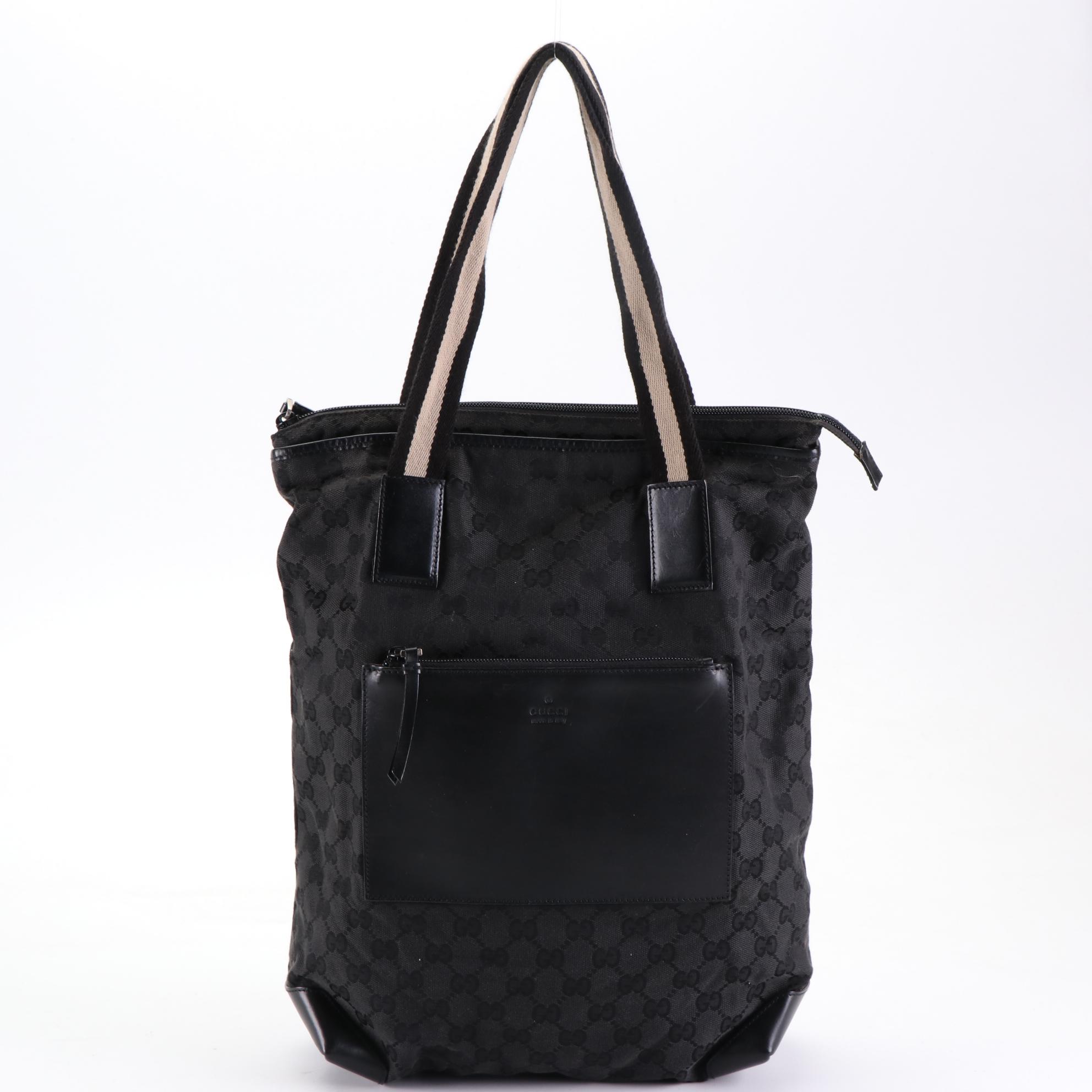 Gucci Web Strap Tote in Black GG Canvas and Leather