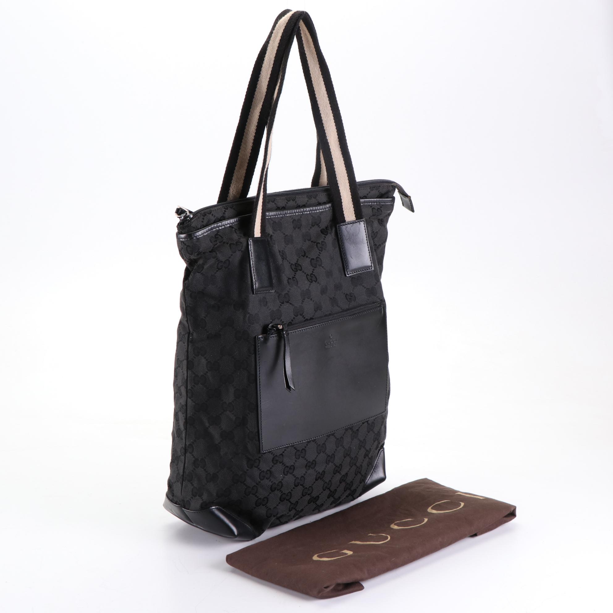 Gucci Web Strap Tote in Black GG Canvas and Leather