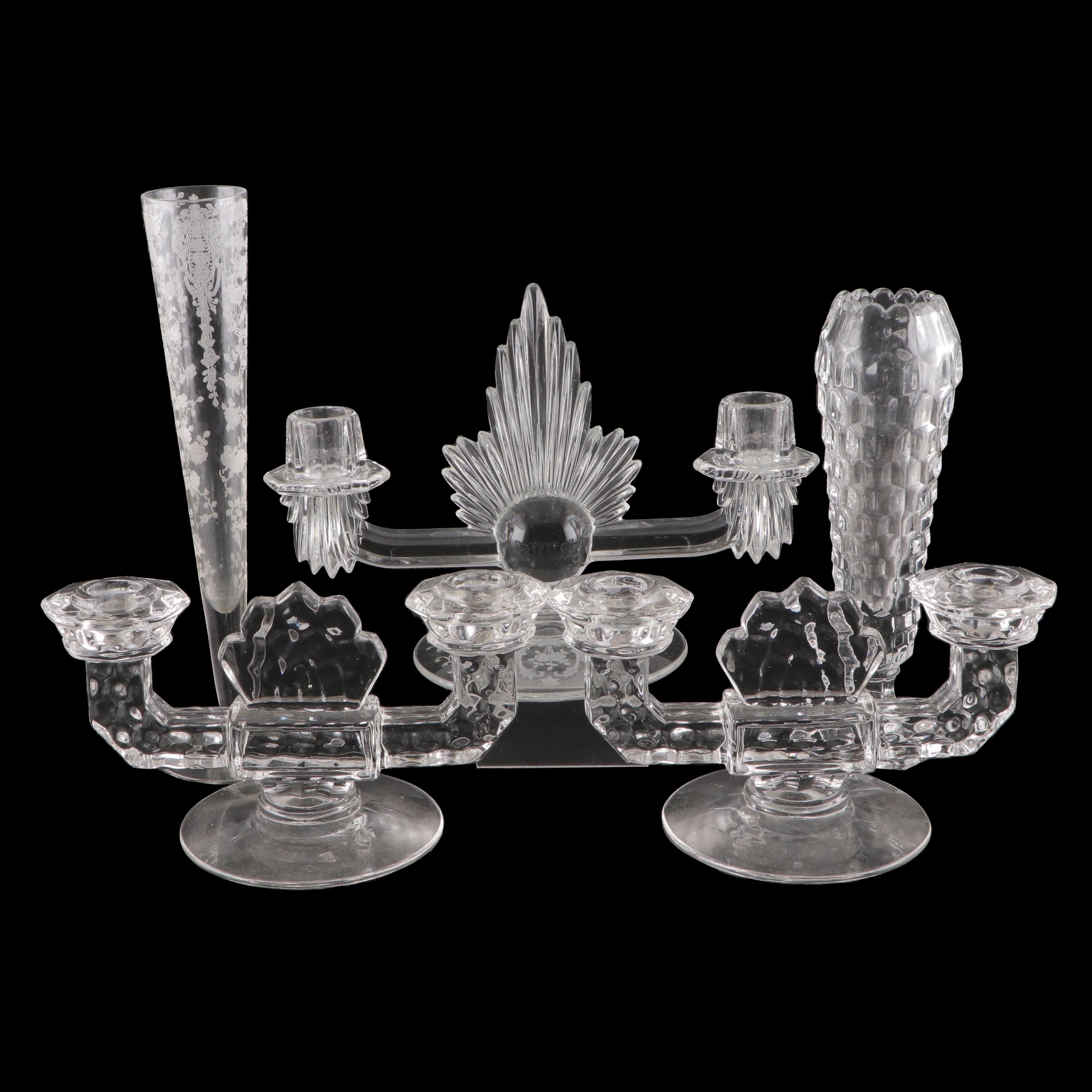 Fostoria "Meadow Rose", "American" Pressed Glass Candlesticks With Vases