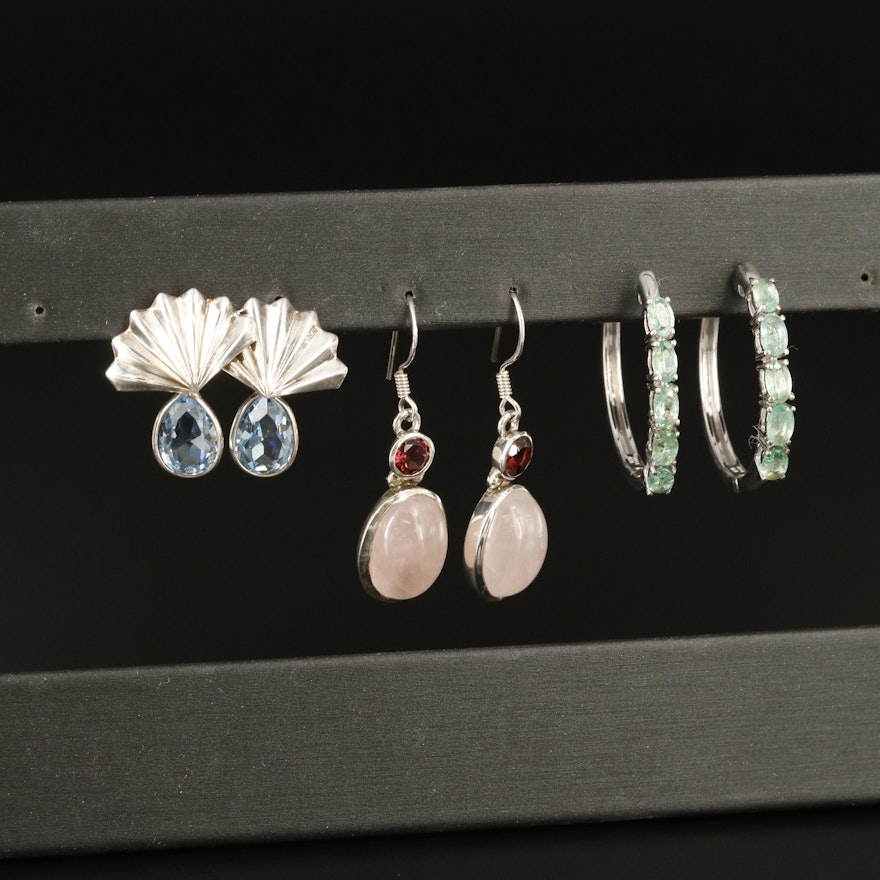 Sterling Earrings Including Emerald, Rose Quartz and Cubic Zirconia