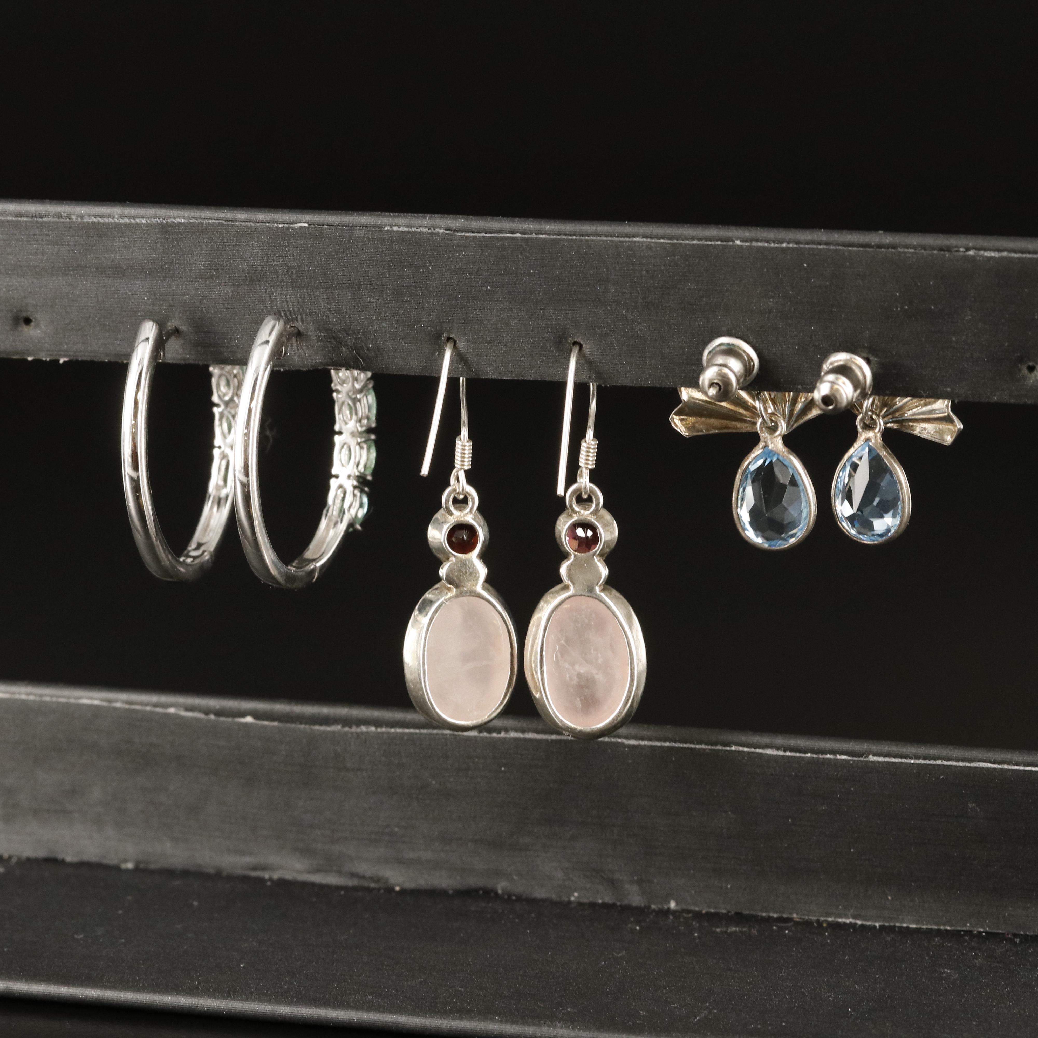 Sterling Earrings Including Emerald, Rose Quartz and Cubic Zirconia