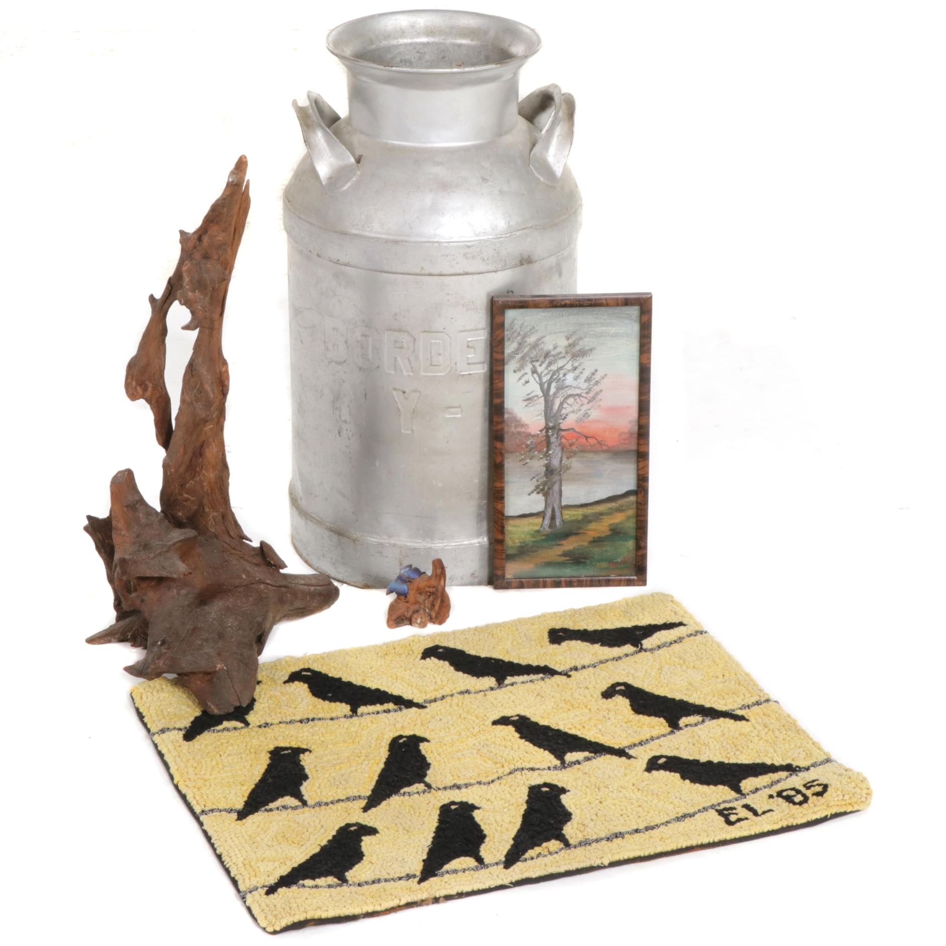 Crow Hooked Accent Rug, Tree Painting, Borden's Milk Can, and More Decor