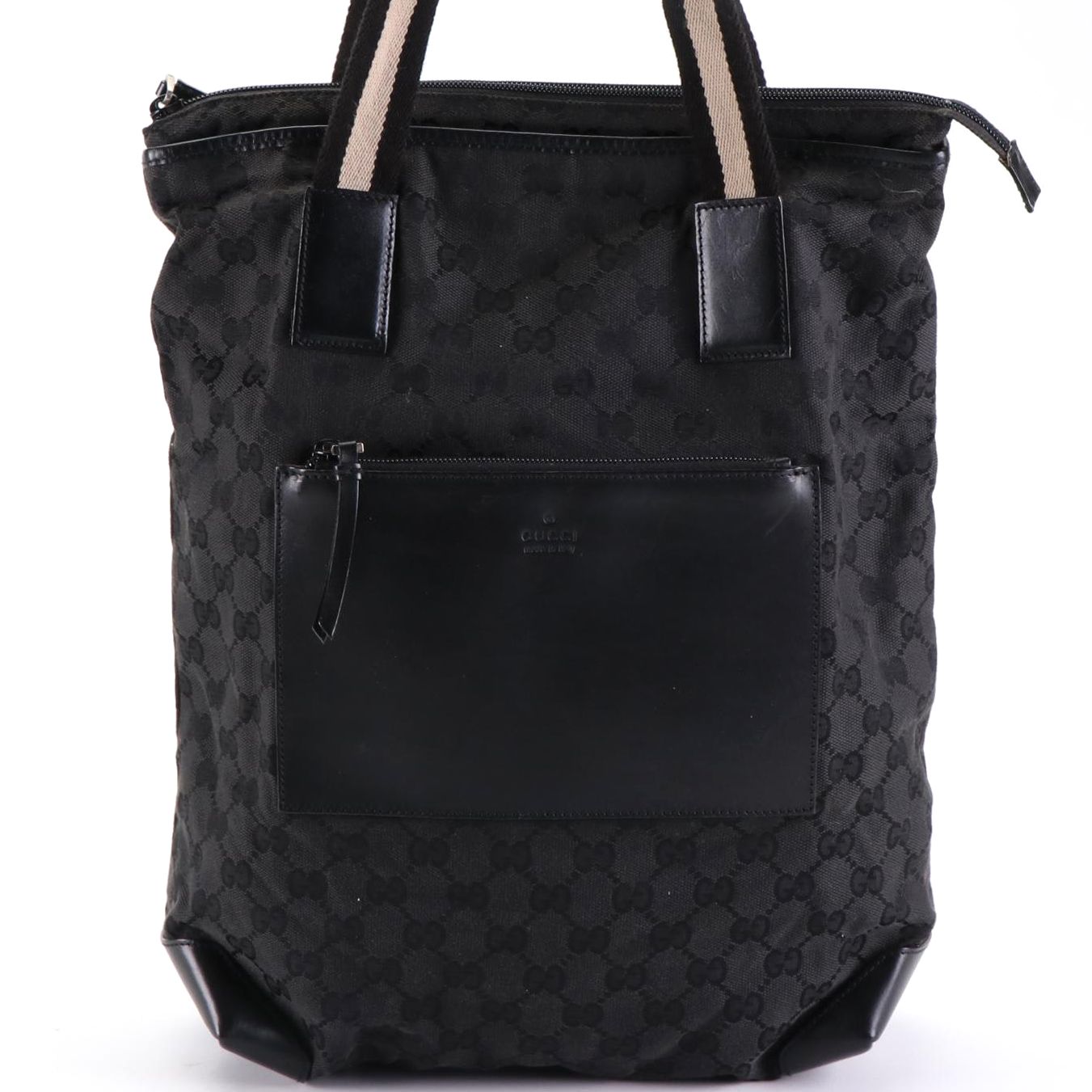 Gucci Web Strap Tote in Black GG Canvas and Leather