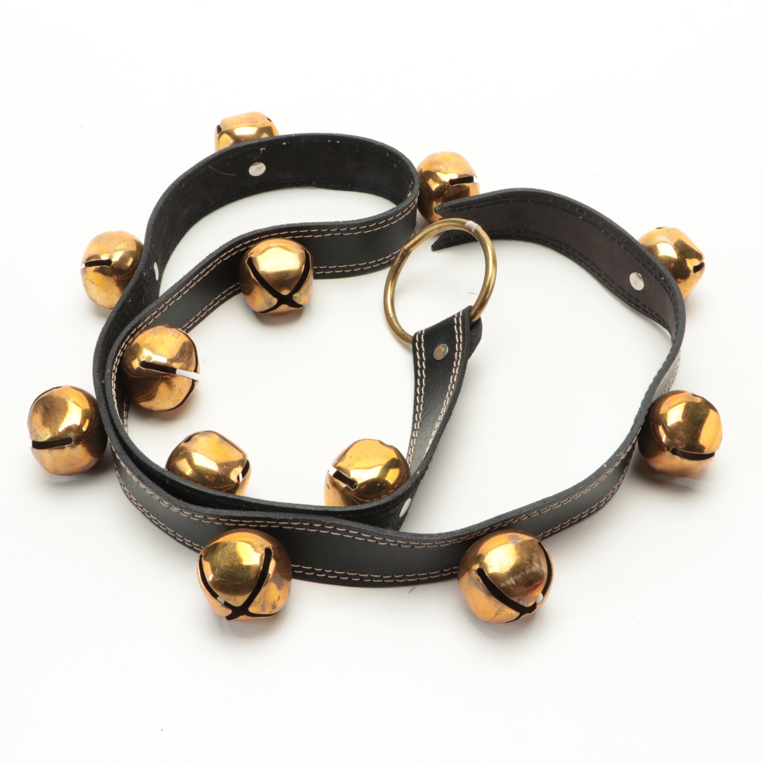 Sleigh Bells on Topstitched Leather Strap with Santa Ornament