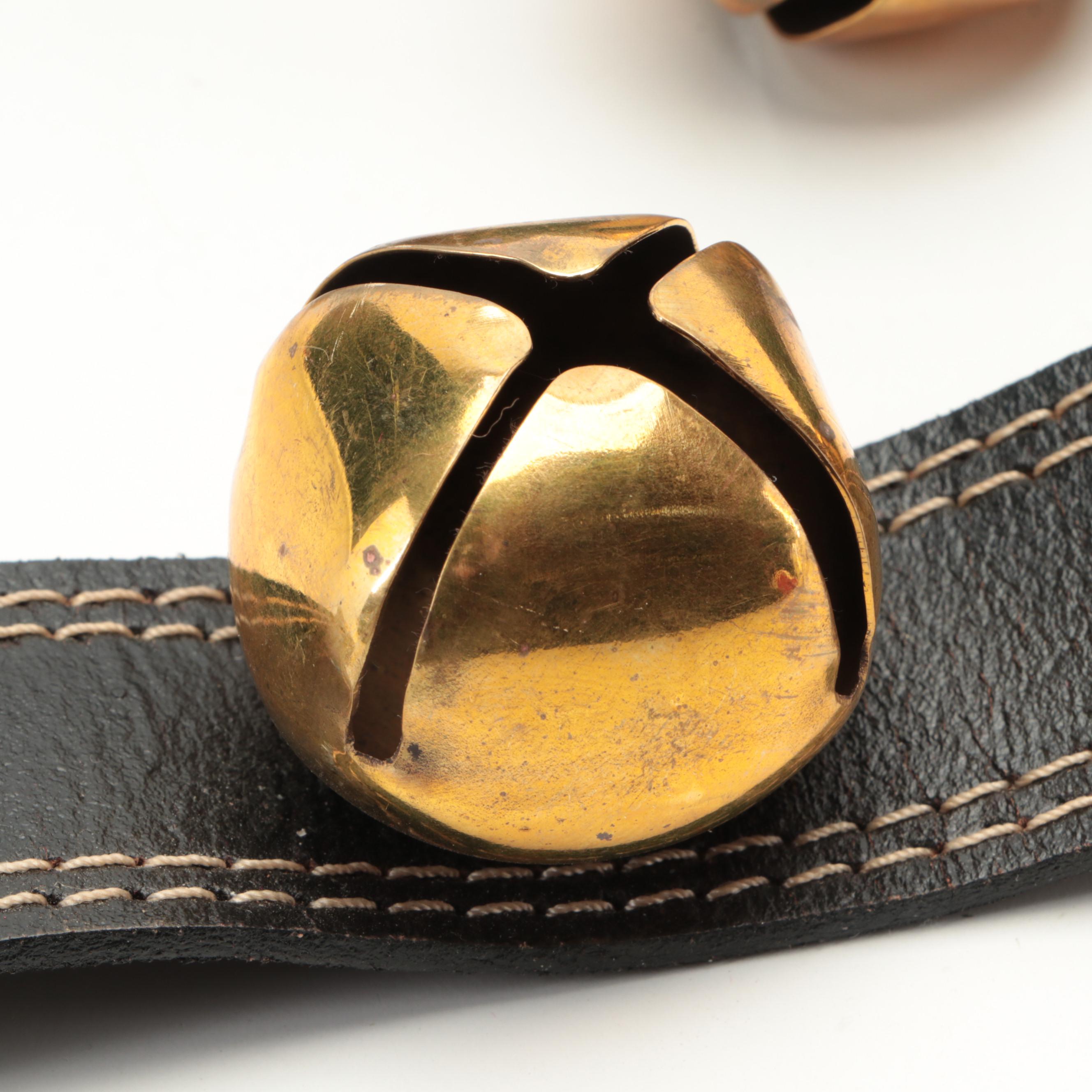 Sleigh Bells on Topstitched Leather Strap with Santa Ornament