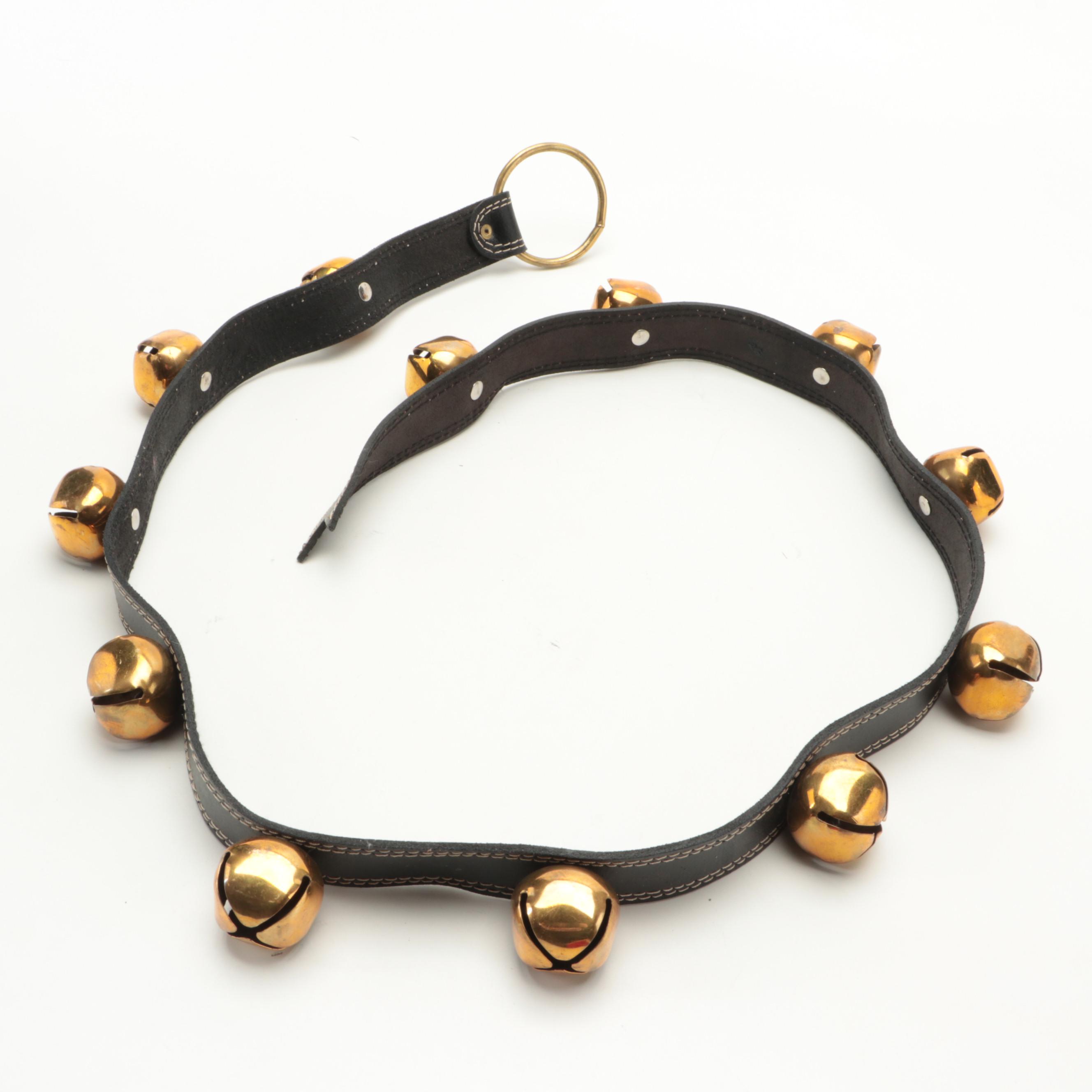 Sleigh Bells on Topstitched Leather Strap with Santa Ornament