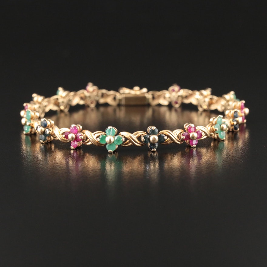 14K Ruby, Emerald and Sapphire Bracelet