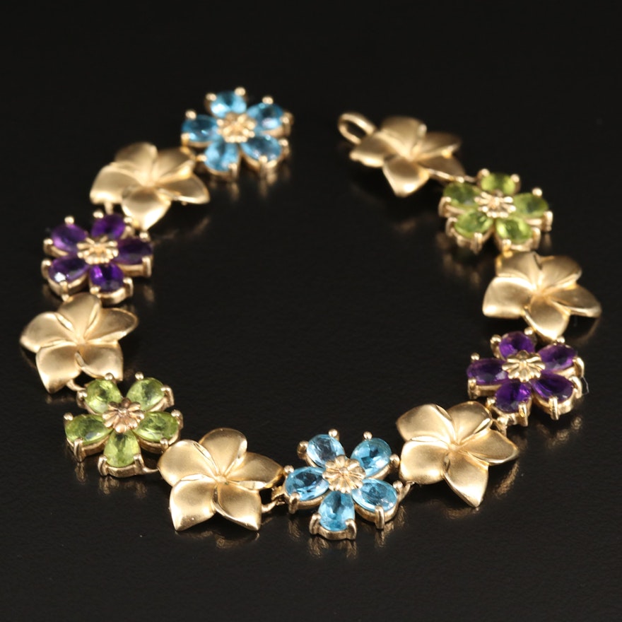 Repair Lot 14K Plumeria Floral Bracelet Including Peridot, Amethyst and Topaz