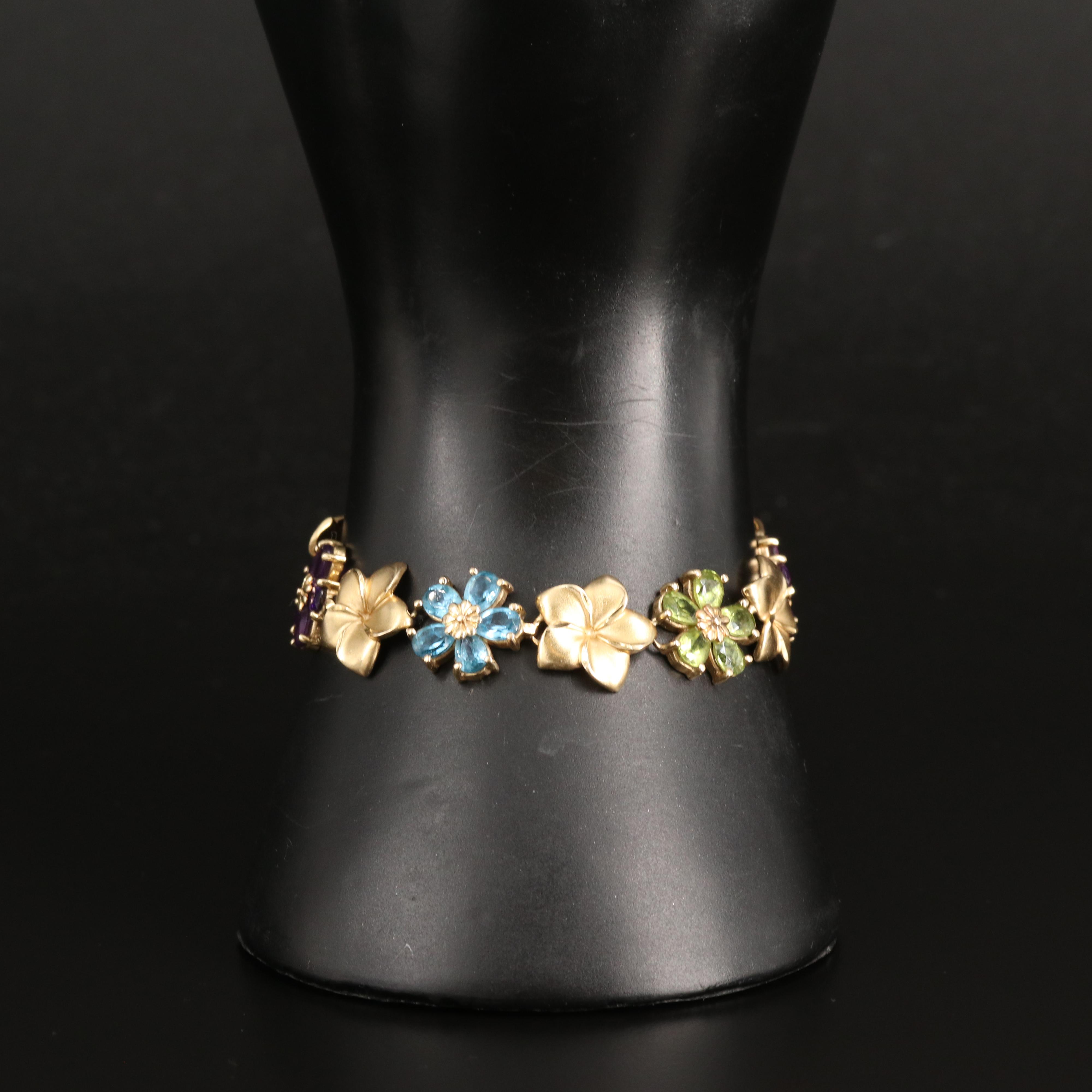 Repair Lot 14K Plumeria Floral Bracelet Including Peridot, Amethyst and Topaz