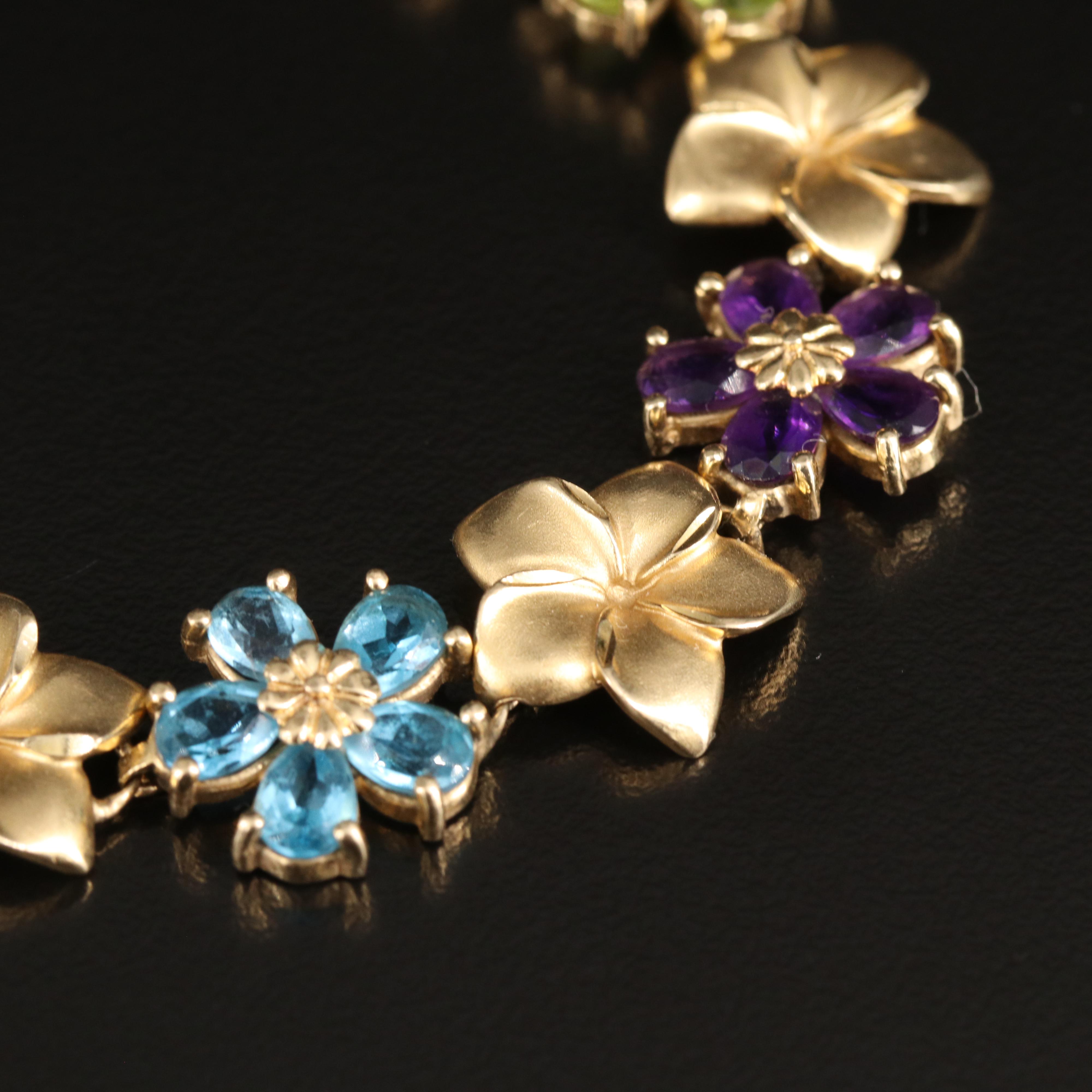 Repair Lot 14K Plumeria Floral Bracelet Including Peridot, Amethyst and Topaz