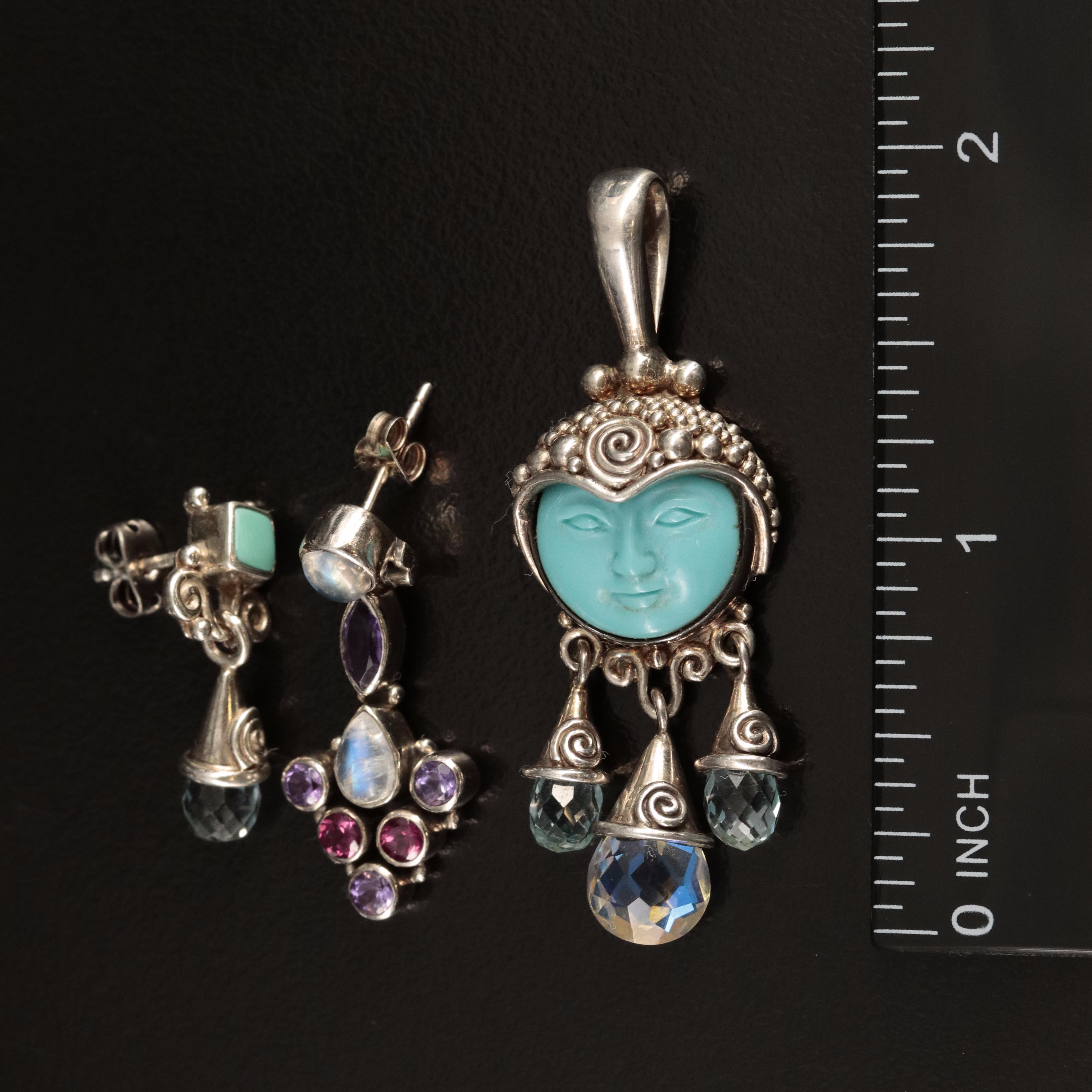 Sterling Pendant and Earrings Including Sajen, Turquoise and Rainbow Moonstone