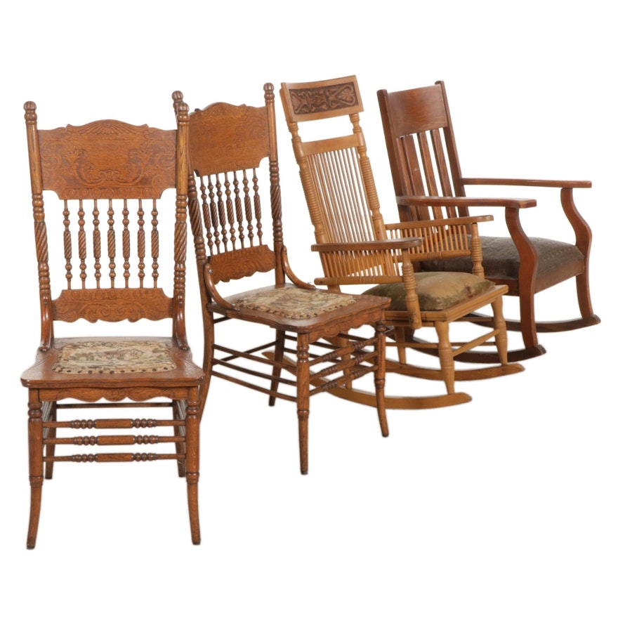 Pair of Cambridge Pressed-Back Oak Chairs with Two Rocking Chairs, Early 20th C.