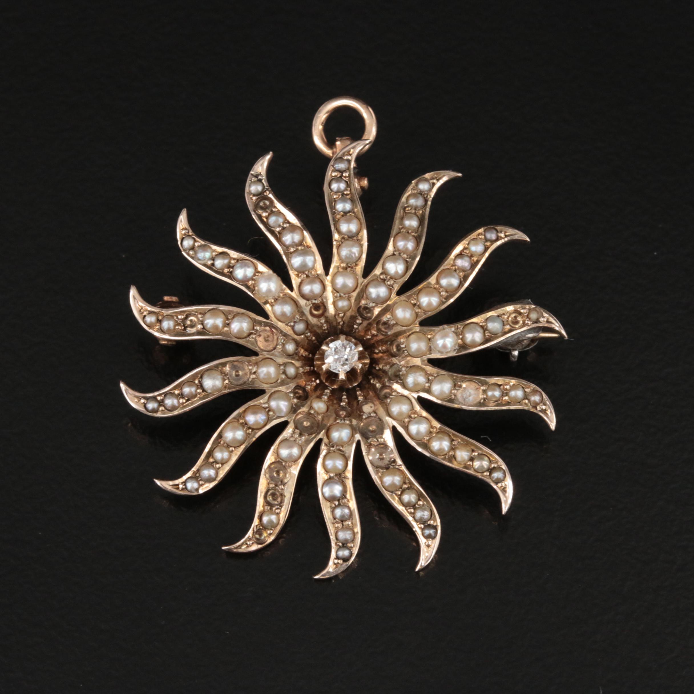 Victorian 9K Diamond and Seed Pearl Spray Converter Brooch