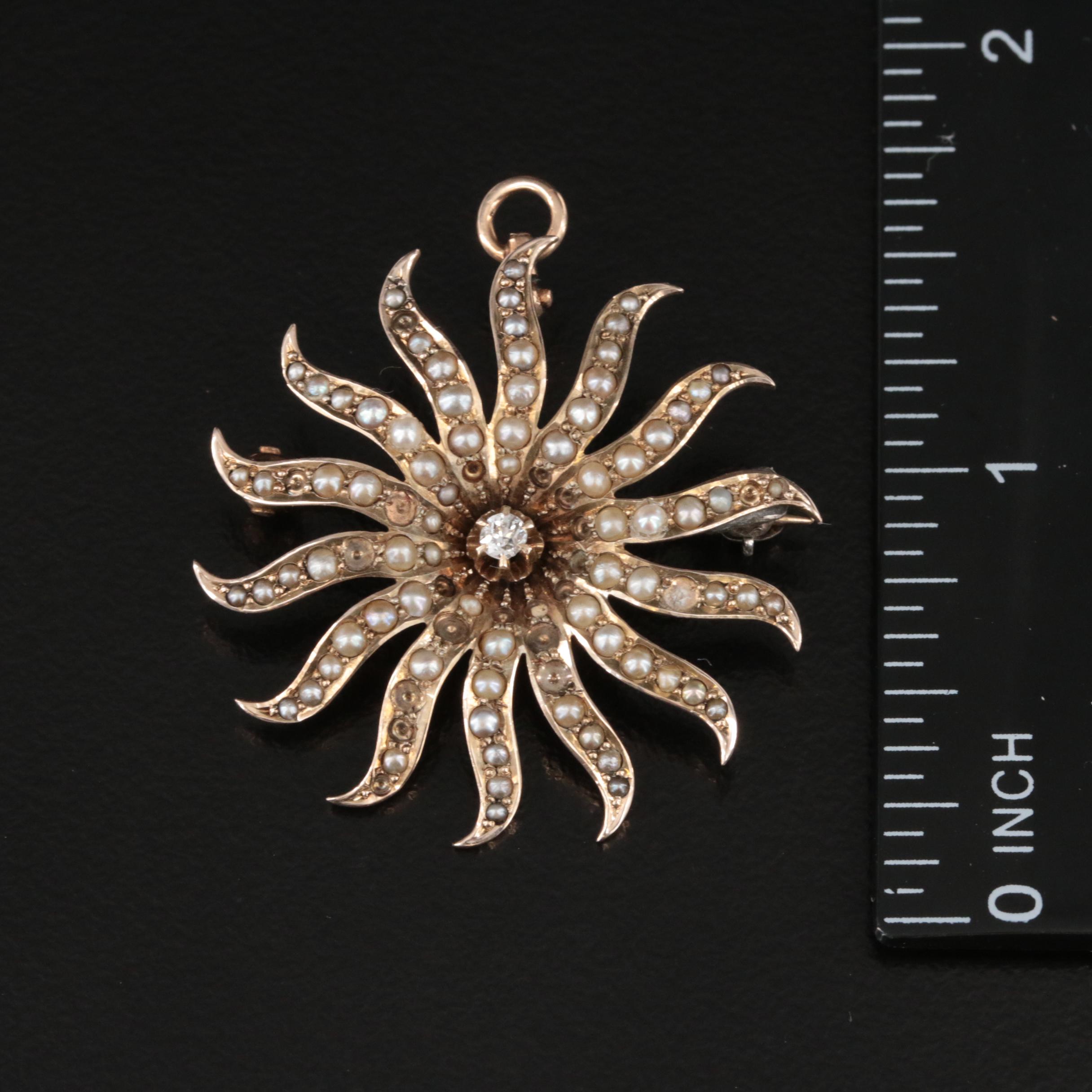 Victorian 9K Diamond and Seed Pearl Spray Converter Brooch