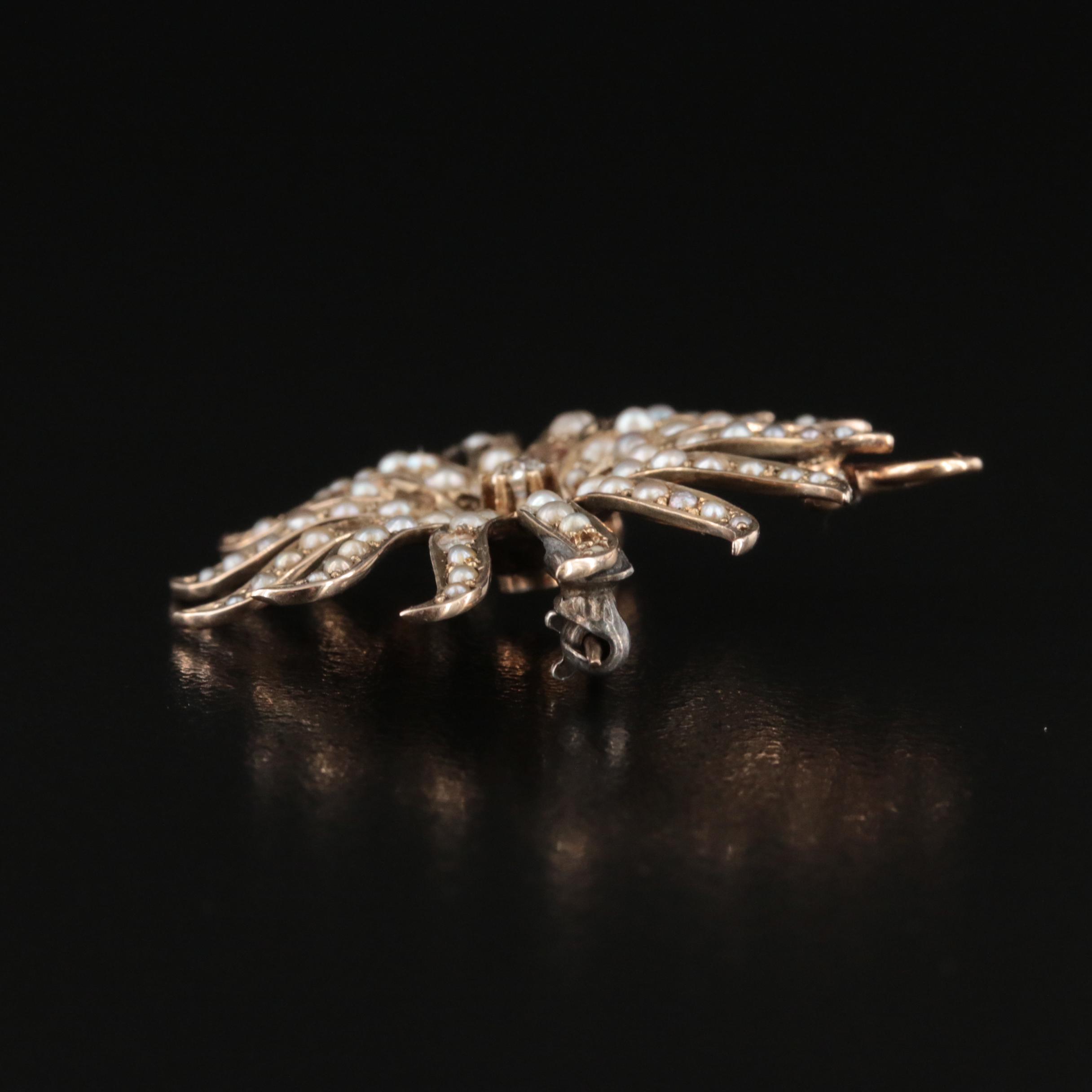 Victorian 9K Diamond and Seed Pearl Spray Converter Brooch