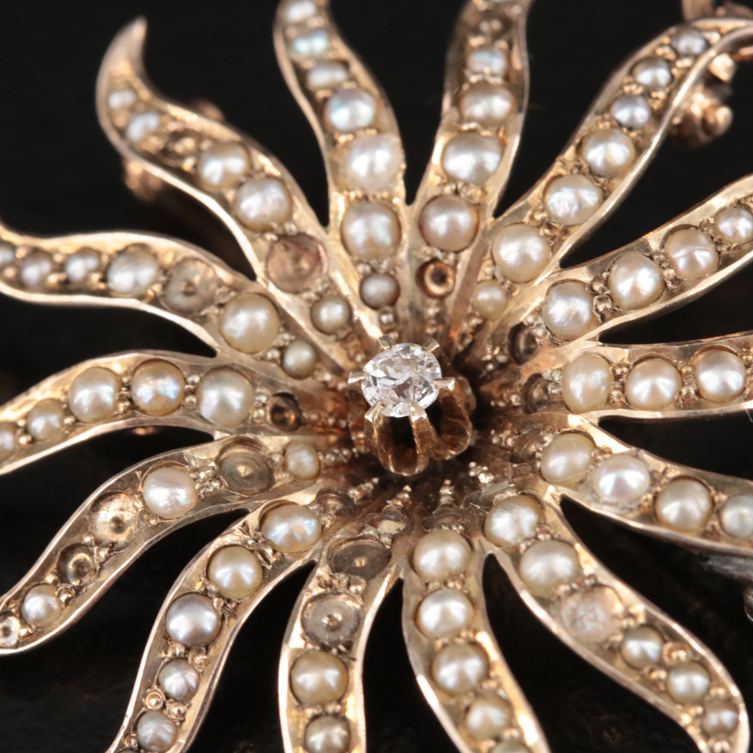 Victorian 9K Diamond and Seed Pearl Spray Converter Brooch
