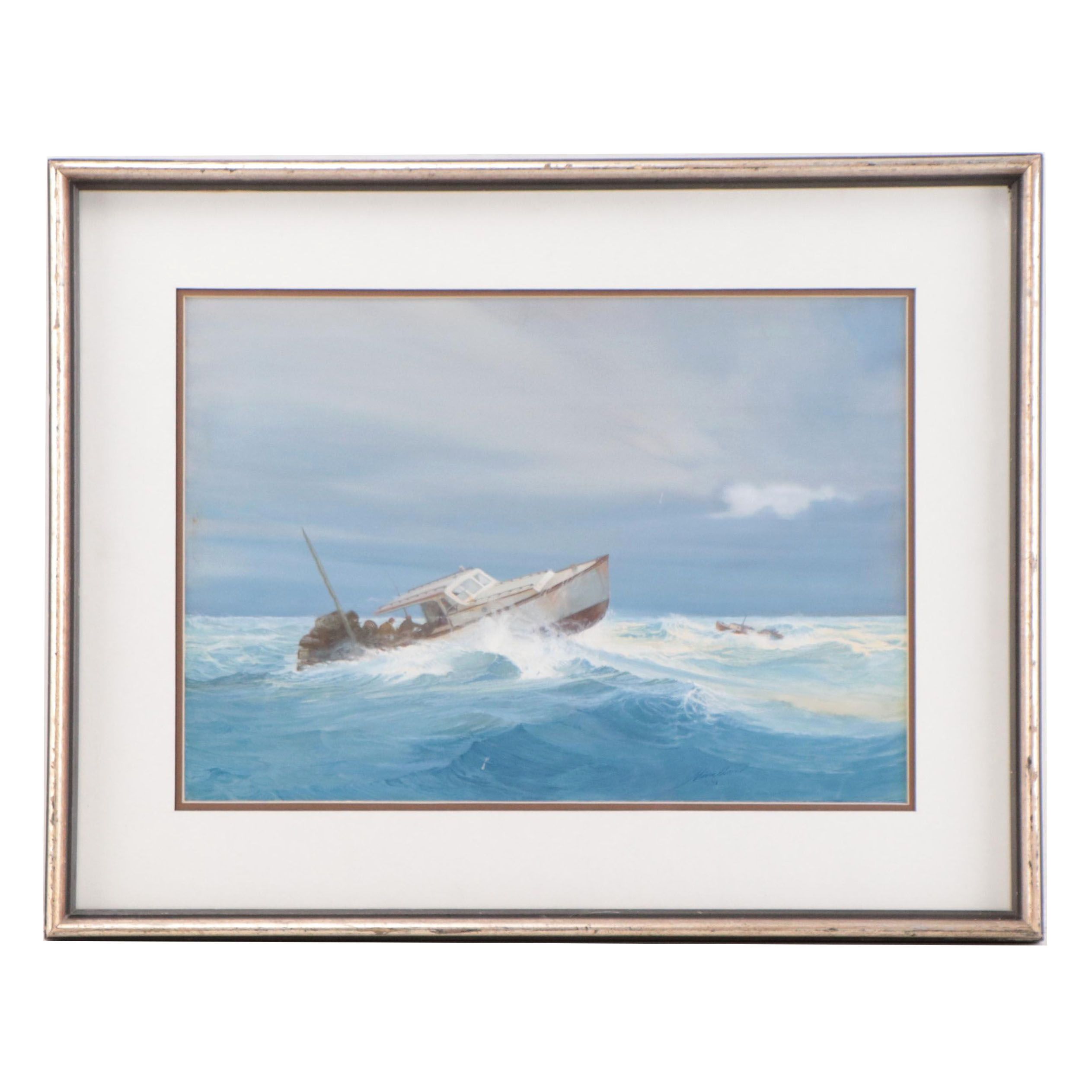 Raul Mina-Mora Seascape Gouache Painting "Lobster Boat," 1978