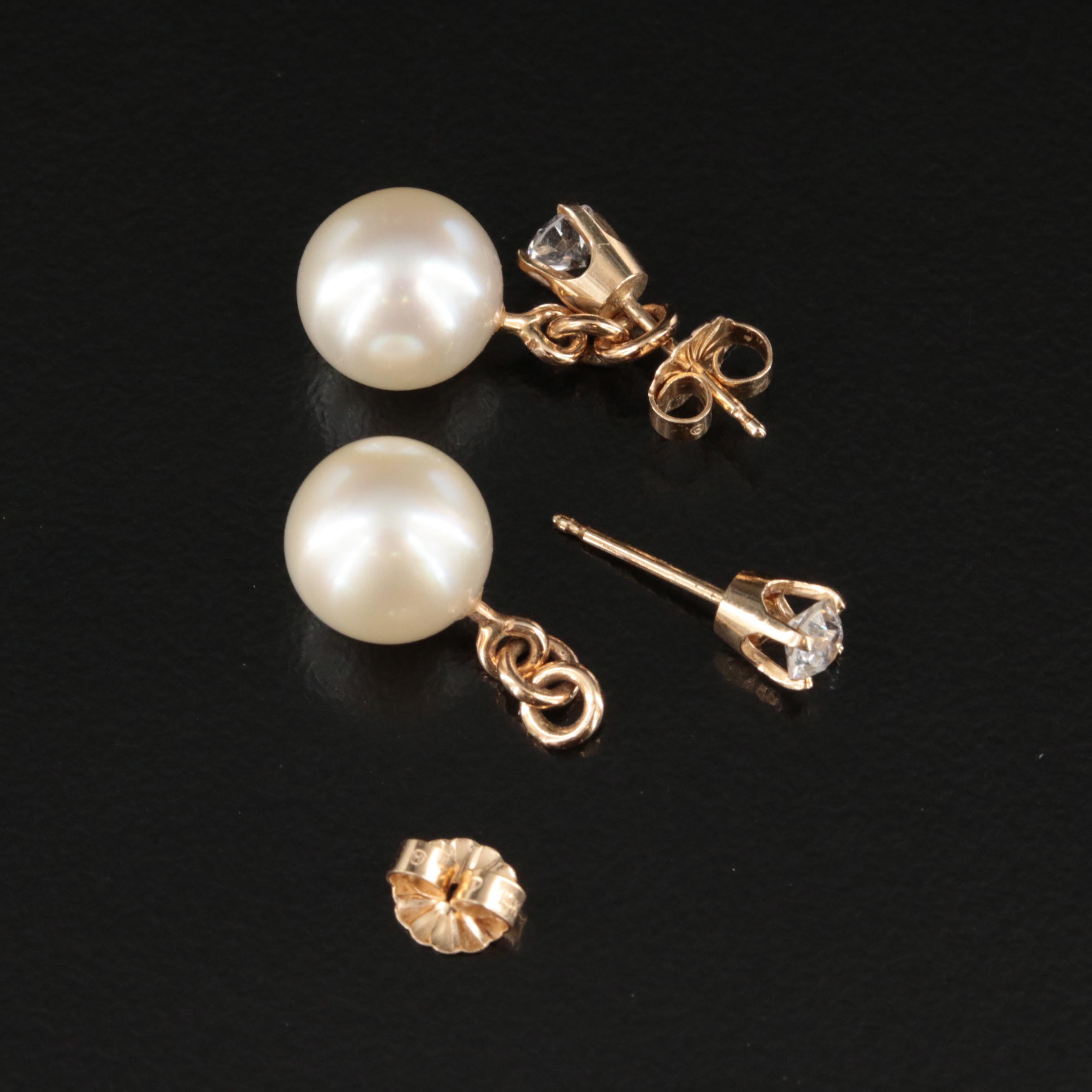 14K Diamond and Pearl Stud Earrings with Enhancers