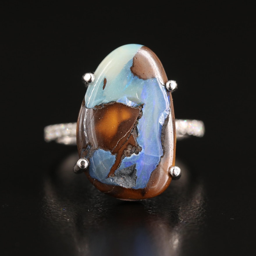 14K 6.04 CT Boulder Opal and Diamond Ring