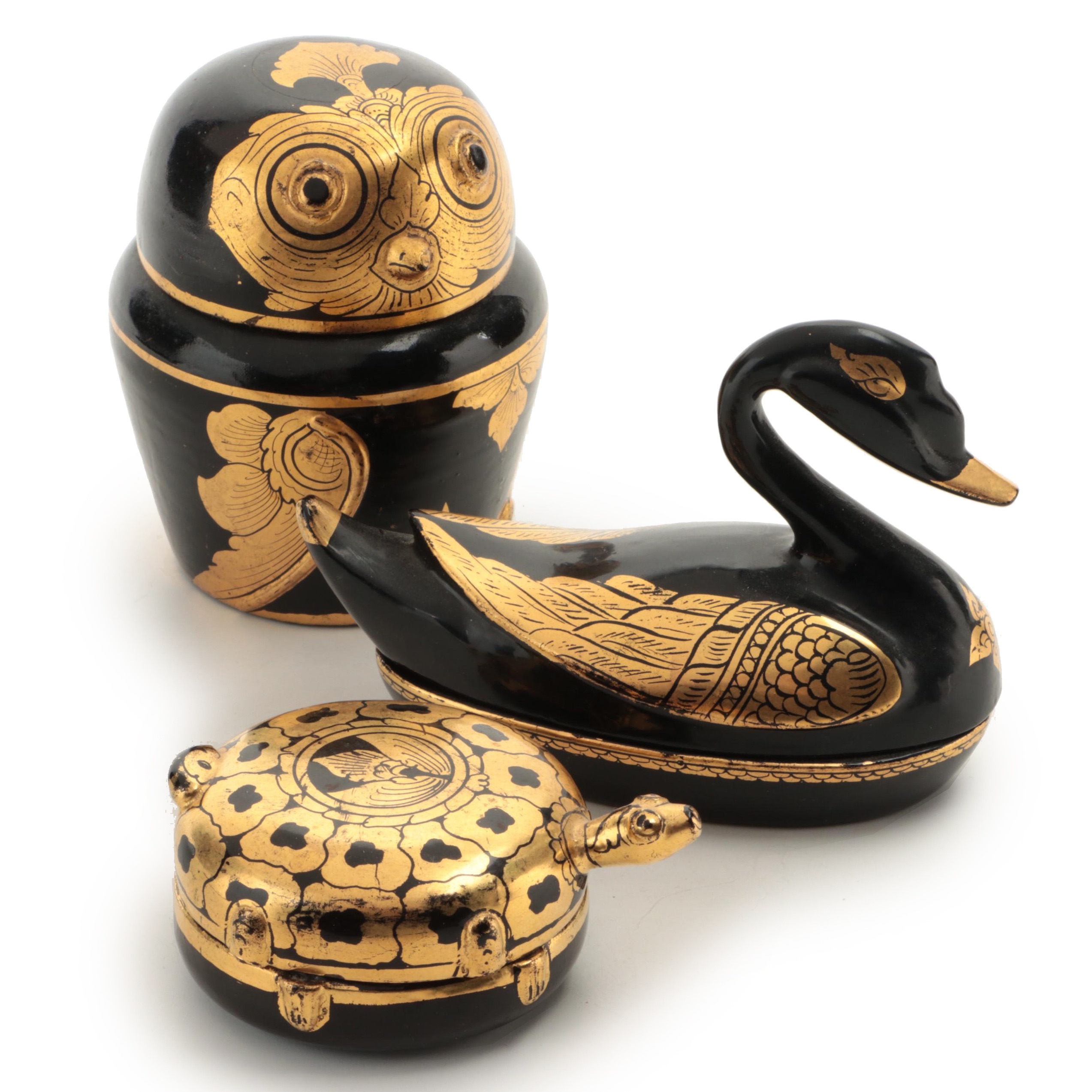 Burmese Parcel Gilt Lacquerware Owl Box and More Animal Boxes